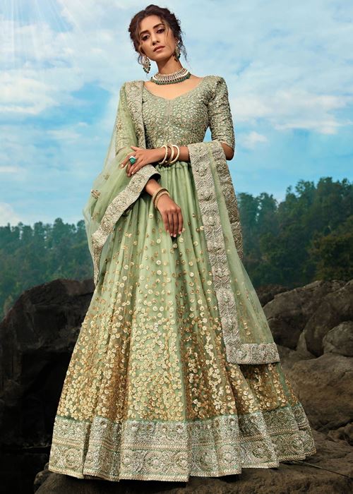 Green Zari Worked Soft Net Wedding Wear Lehenga Choli