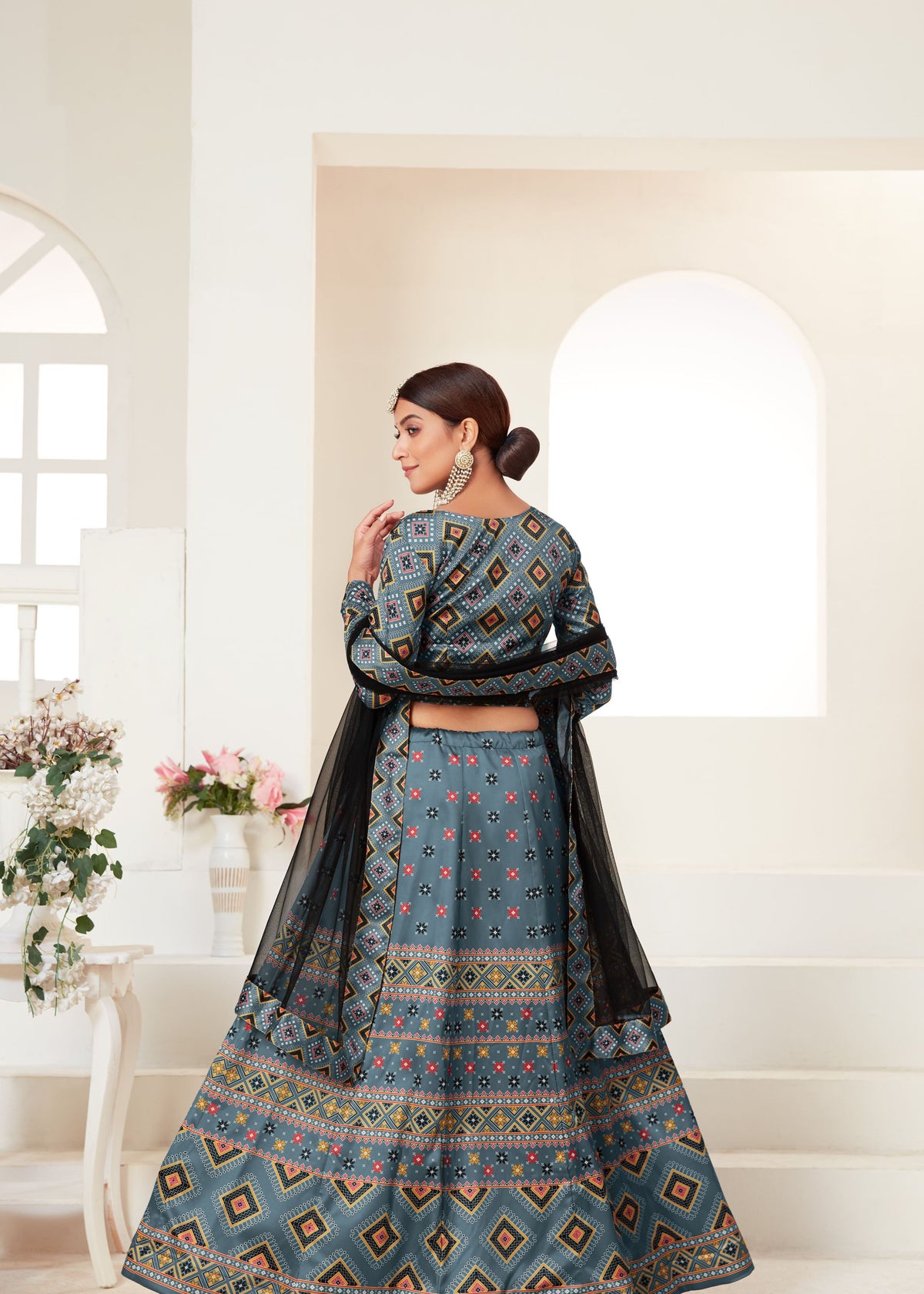 Grey Ajmeri Silk Lehenga Choli With Digital Print