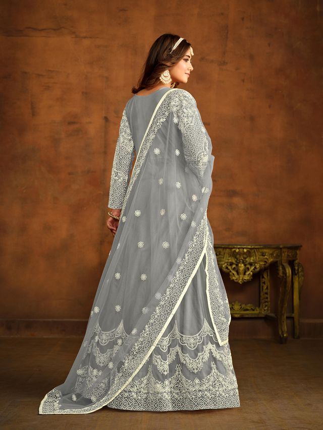 Grey Anarkali Suit With Heavy Thread Embroidery Work