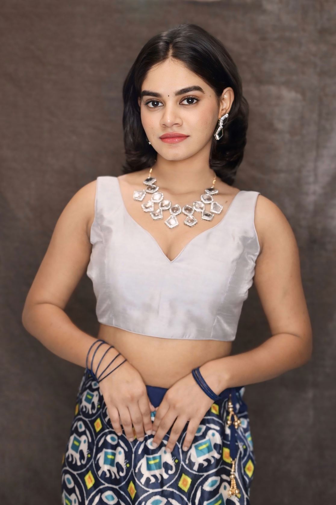 Grey Art Silk Blouse with V Neckline