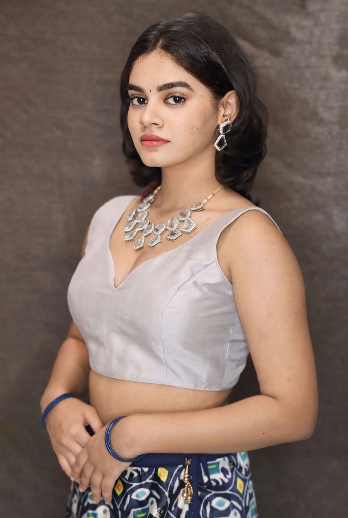 Grey Art Silk Blouse with V Neckline