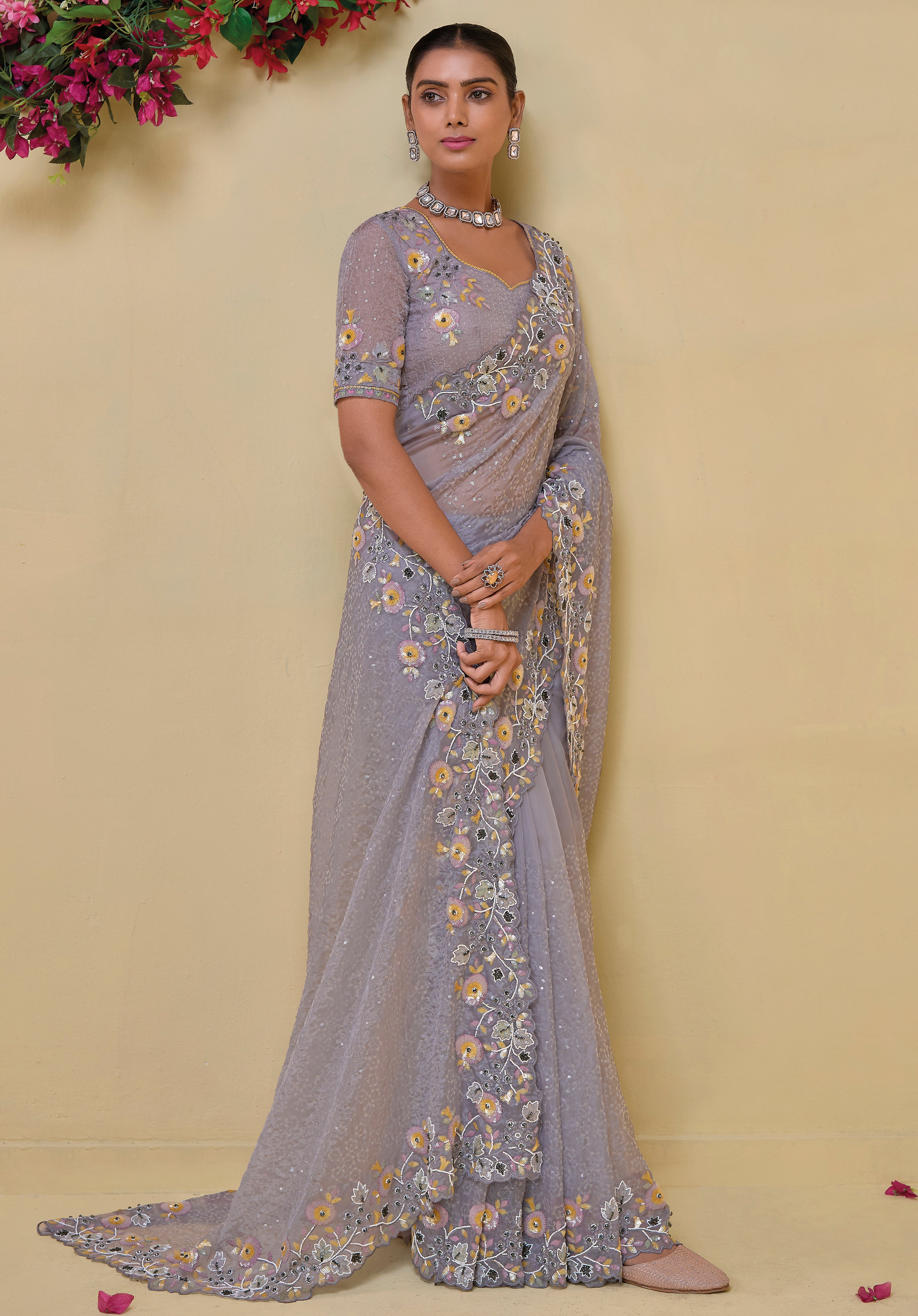 Grey Banarasi Saree With Embroidery, Moti, Zarkan With Sequins Work
