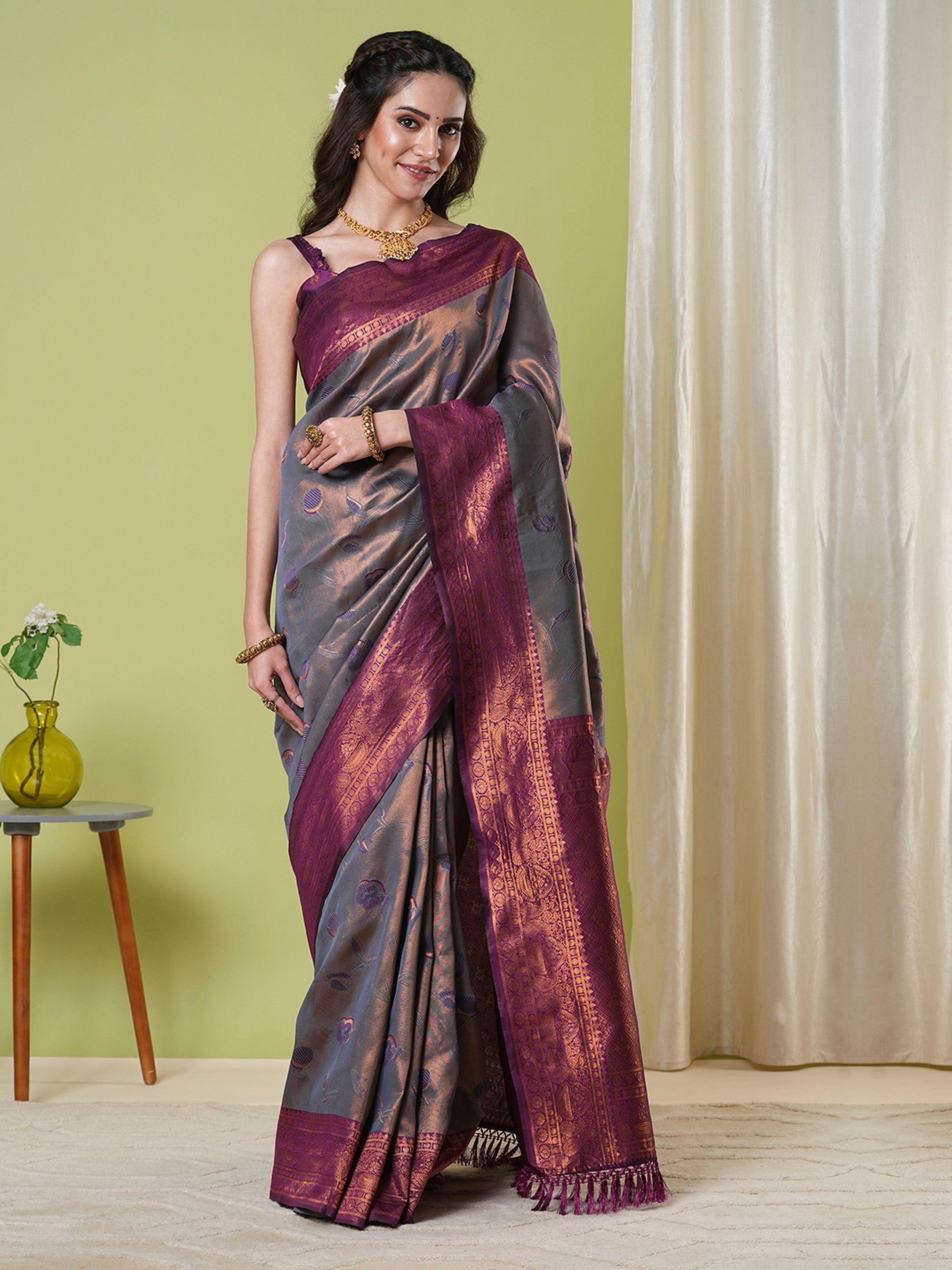 Grey Banarasi Silk Saree With Beautiful Jacquard Designer Work