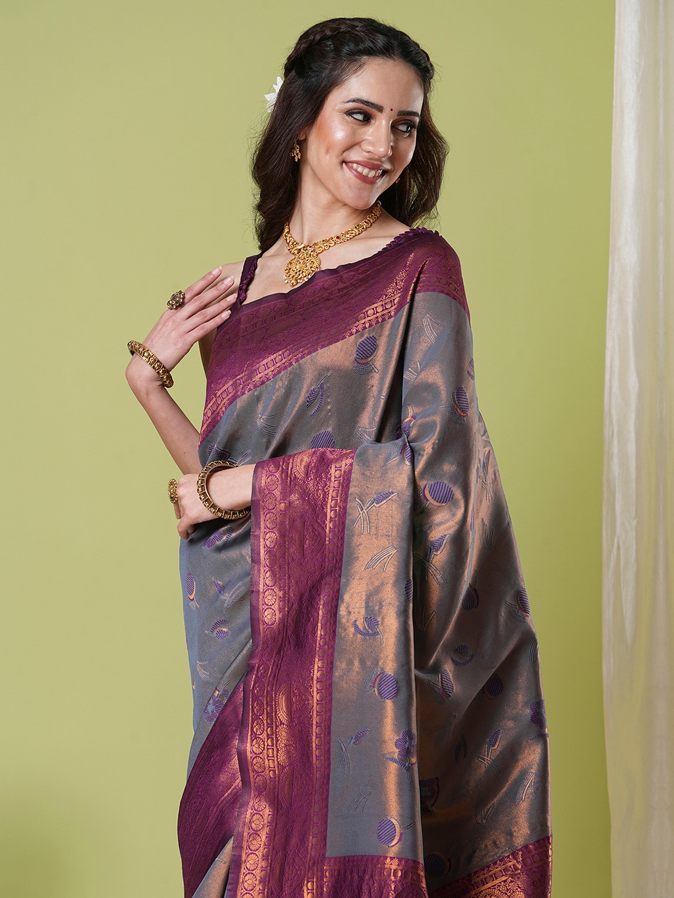 Grey Banarasi Silk Saree With Beautiful Jacquard Designer Work