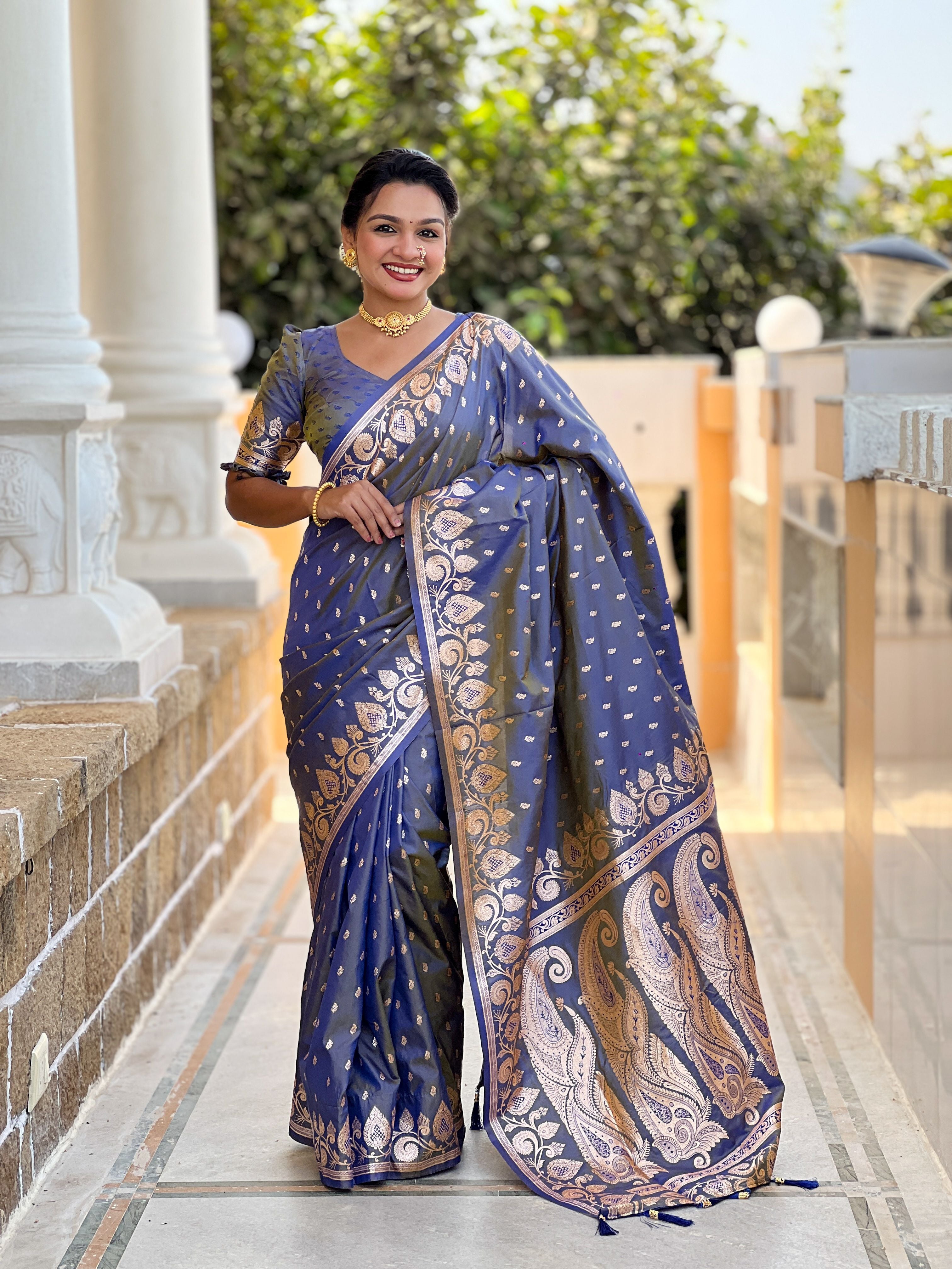 Grey Banarasi Silk Saree With Woven Jacquard Designer Partywear Saree