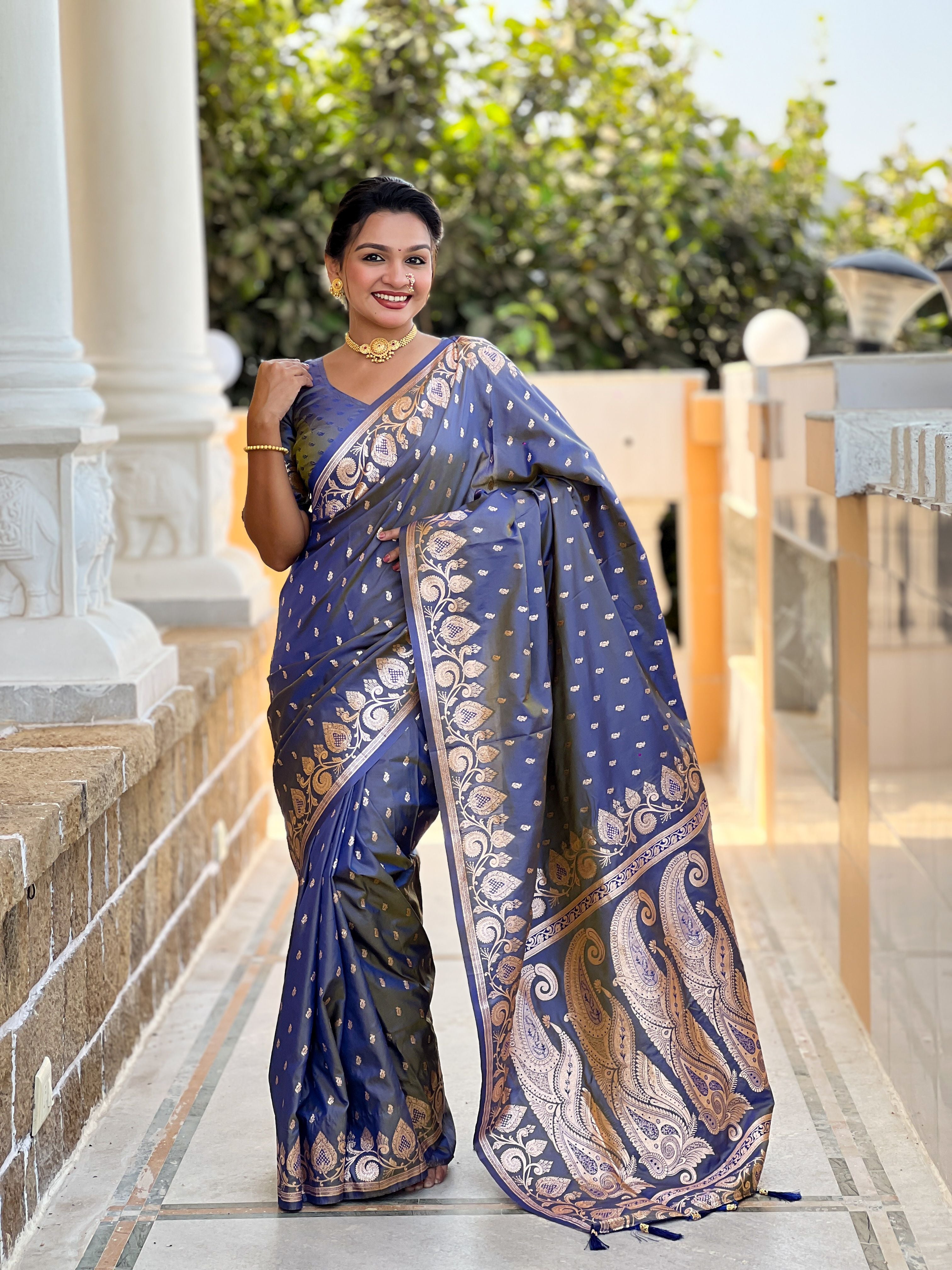 Grey Banarasi Silk Saree With Woven Jacquard Designer Partywear Saree