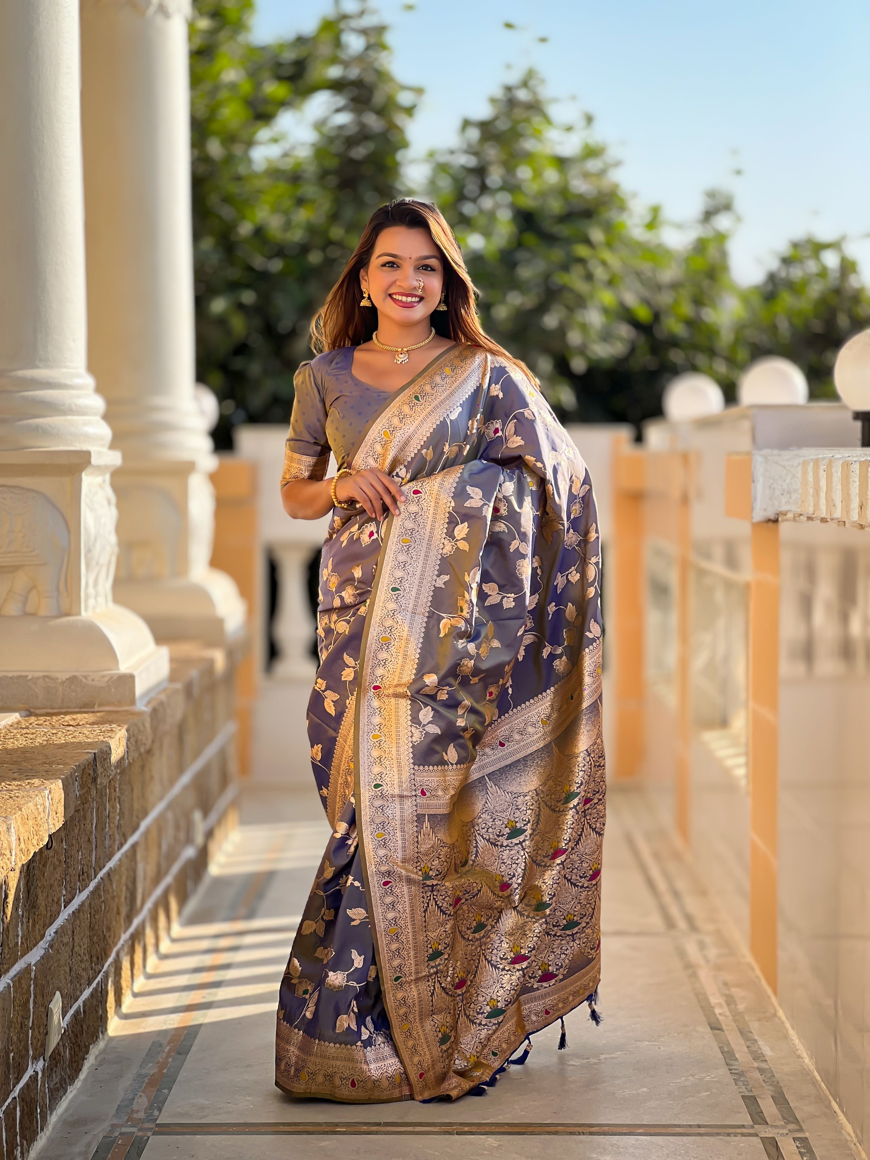 Grey Banarasi Silk Woven Jacquard Designer Ceremonial Partywear Saree