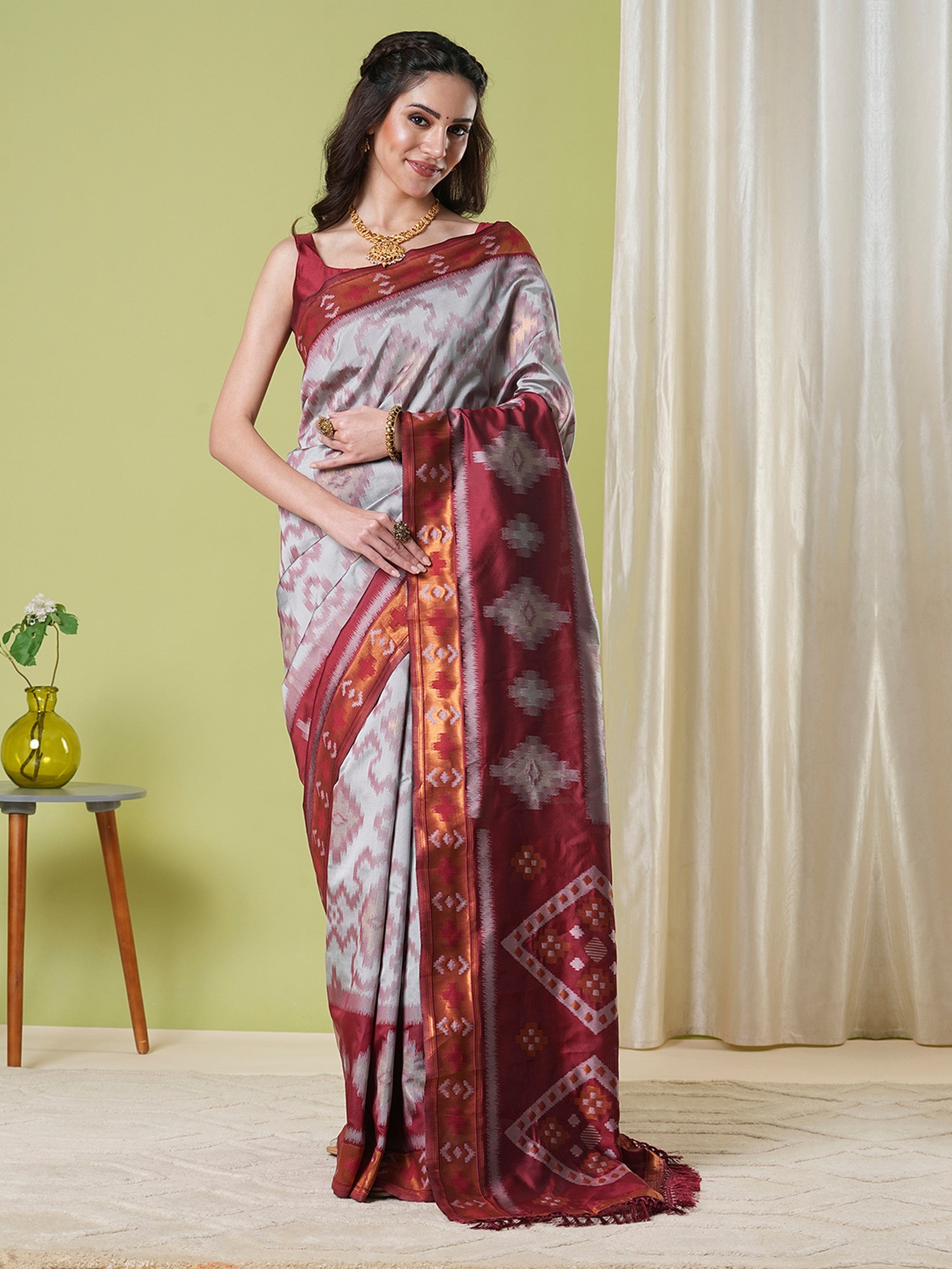 Grey Banarasi Silk Woven Jacquard Designer Saree
