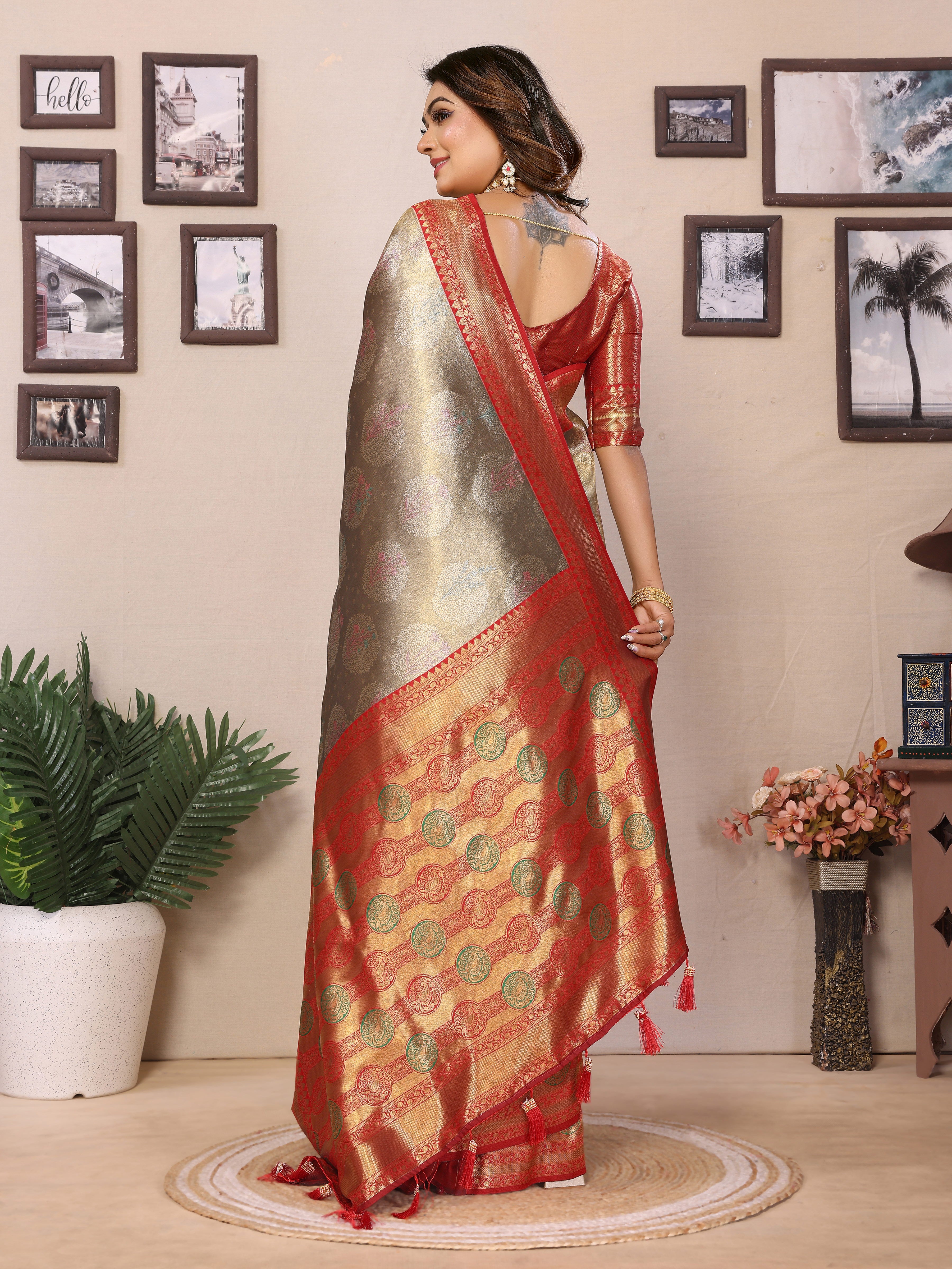 Grey Banarasi Tissue Silk Saree With Woven Paithani Designer