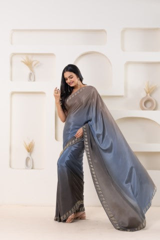 Grey Beautiful Bollywood Style Satin Fabic Ready To Wear Saree