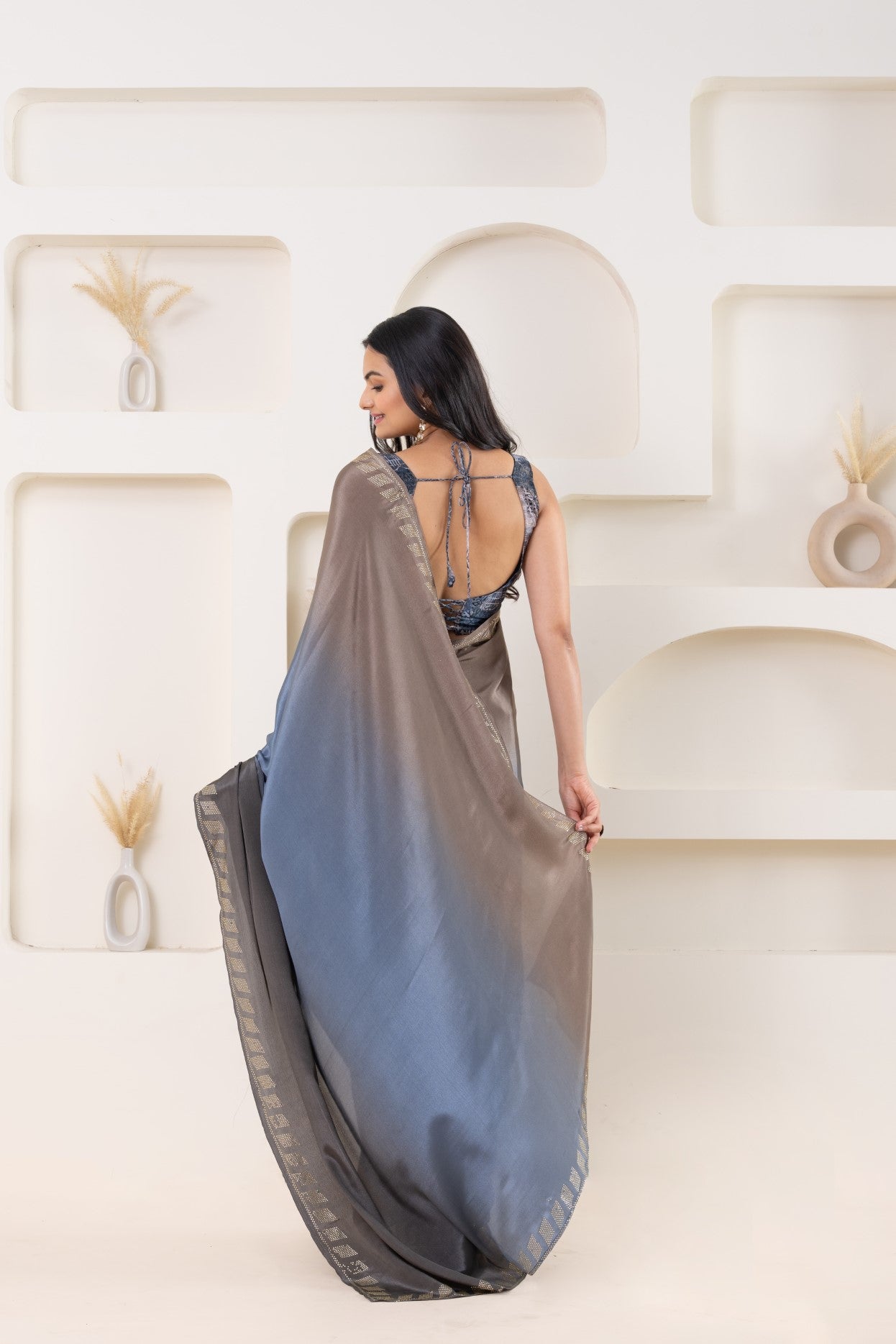 Grey Beautiful Bollywood Style Satin Fabic Ready To Wear Saree
