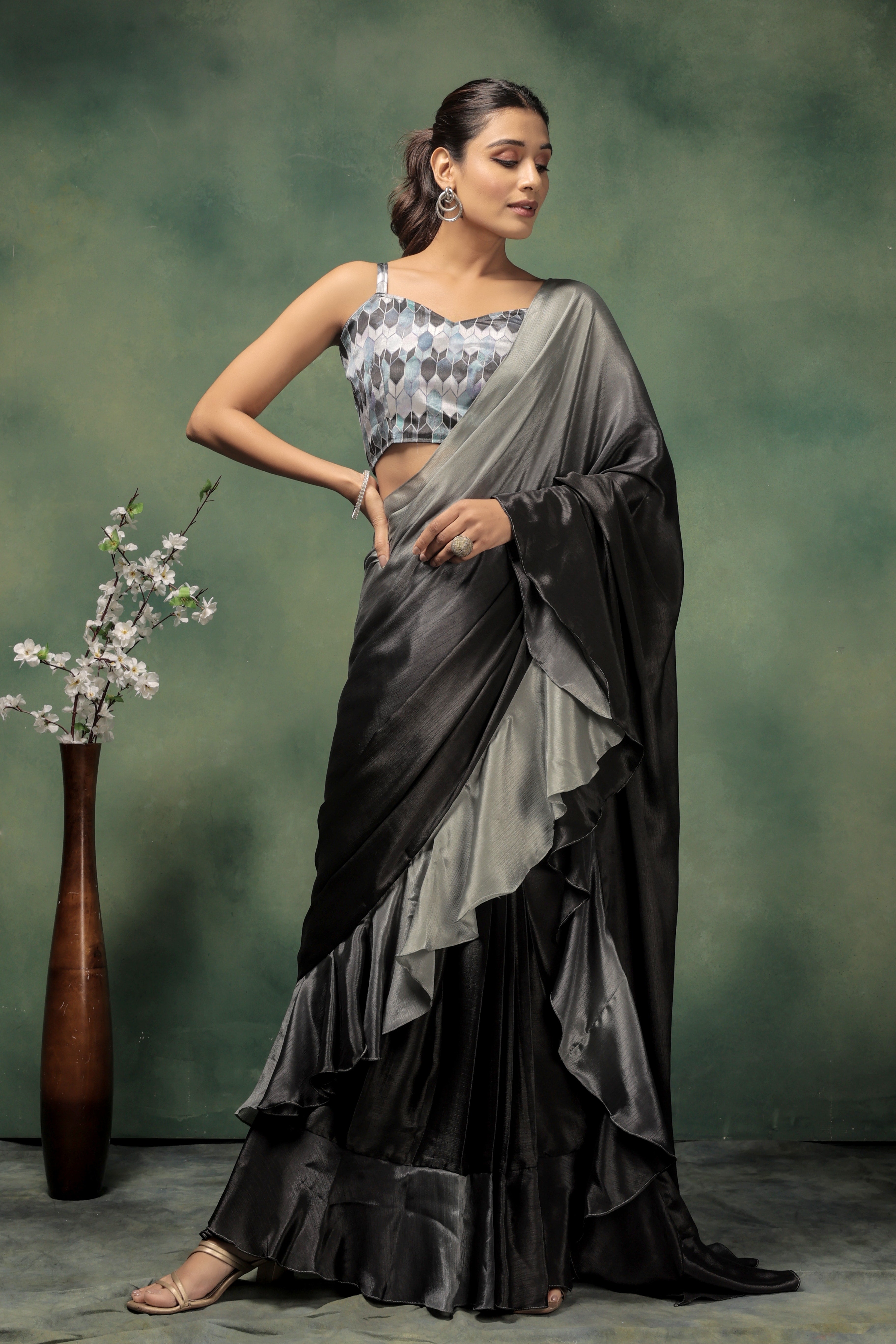 Grey Beautiful Bollywood Style Satin Partywear Saree