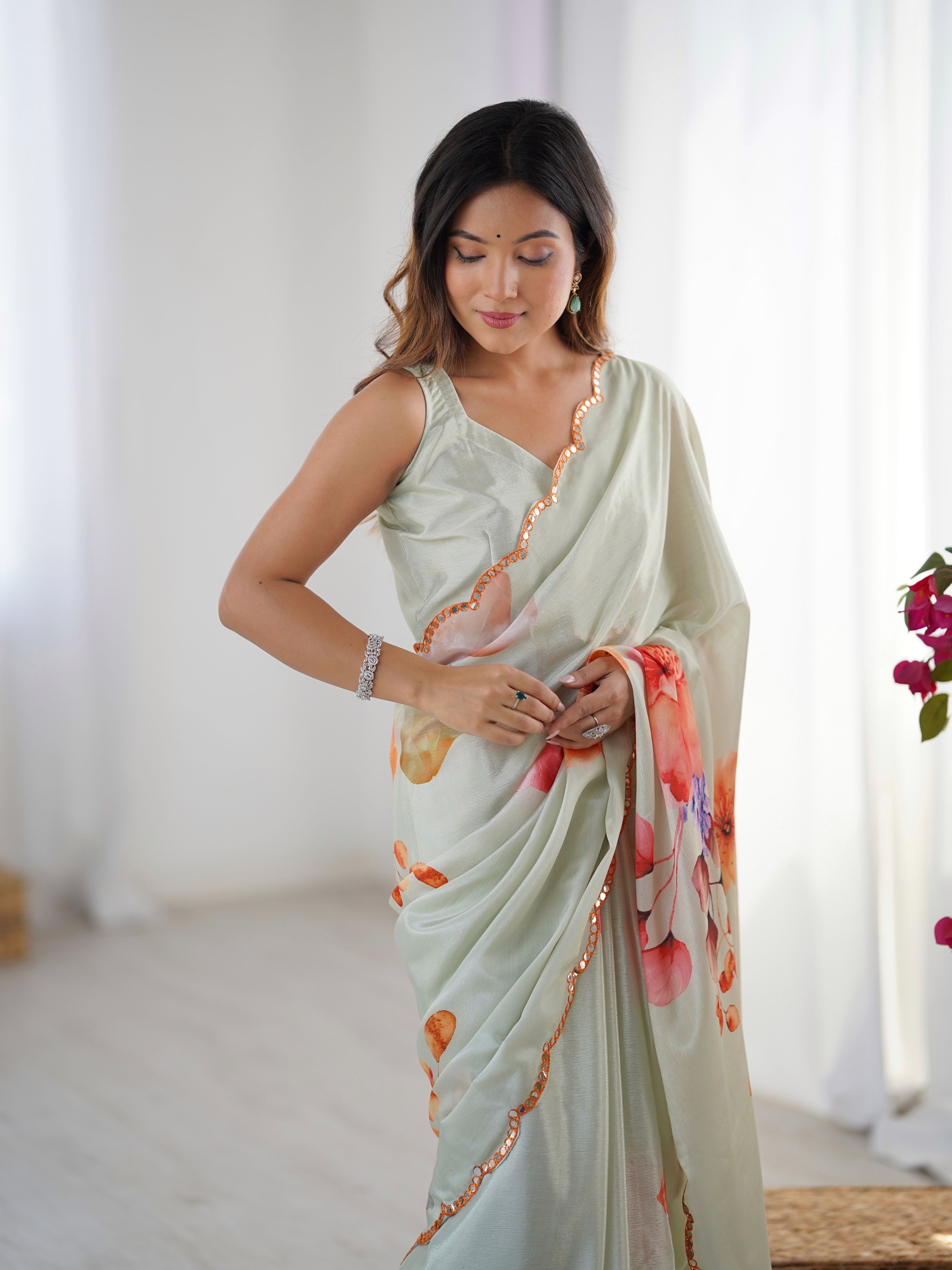 Grey Beautiful Chinon Smart Printed Festive Wear Ceremonial Saree