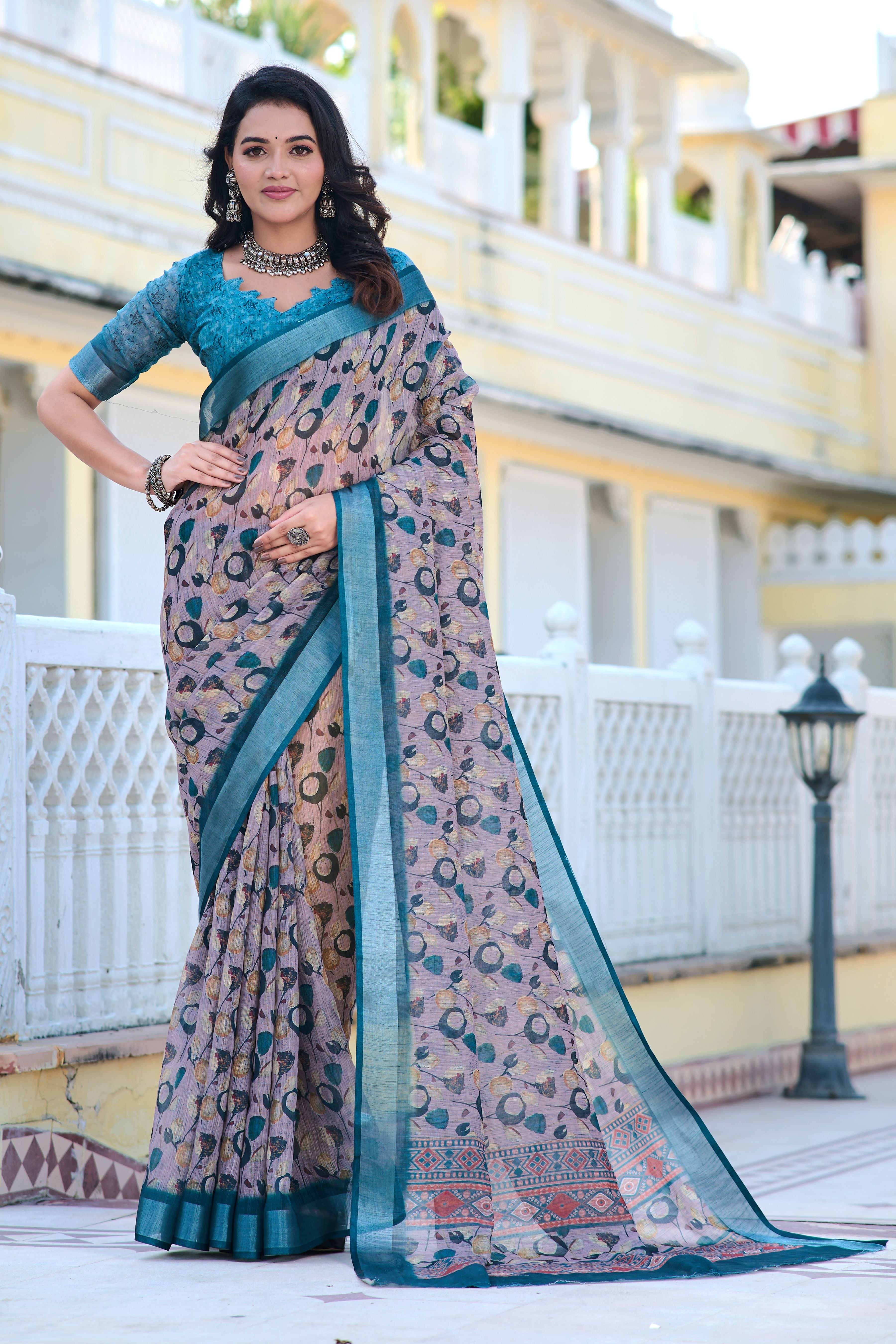 Grey Beautiful Linen Cotton Designer Festive Wear Saree