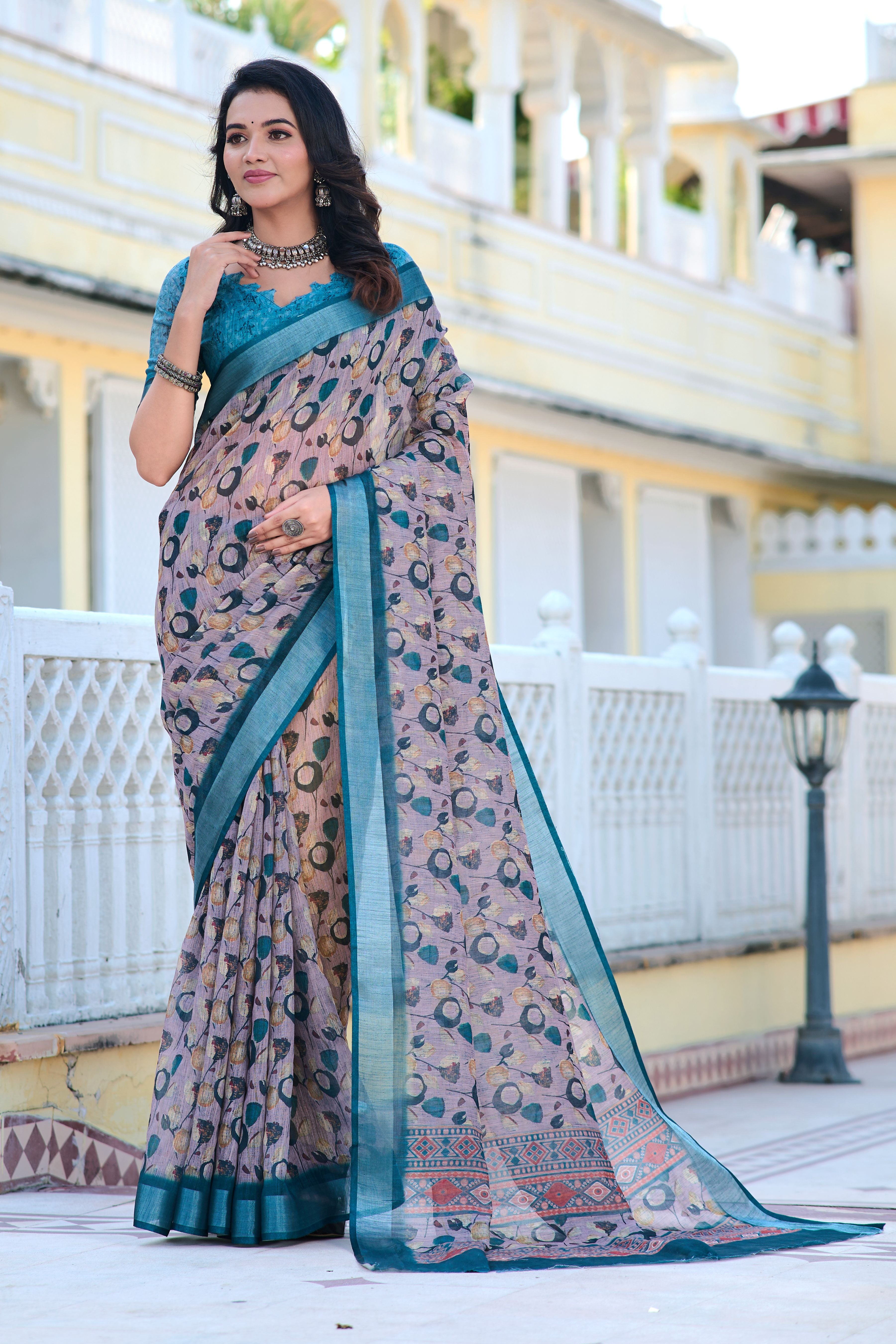 Grey Beautiful Linen Cotton Designer Festive Wear Saree