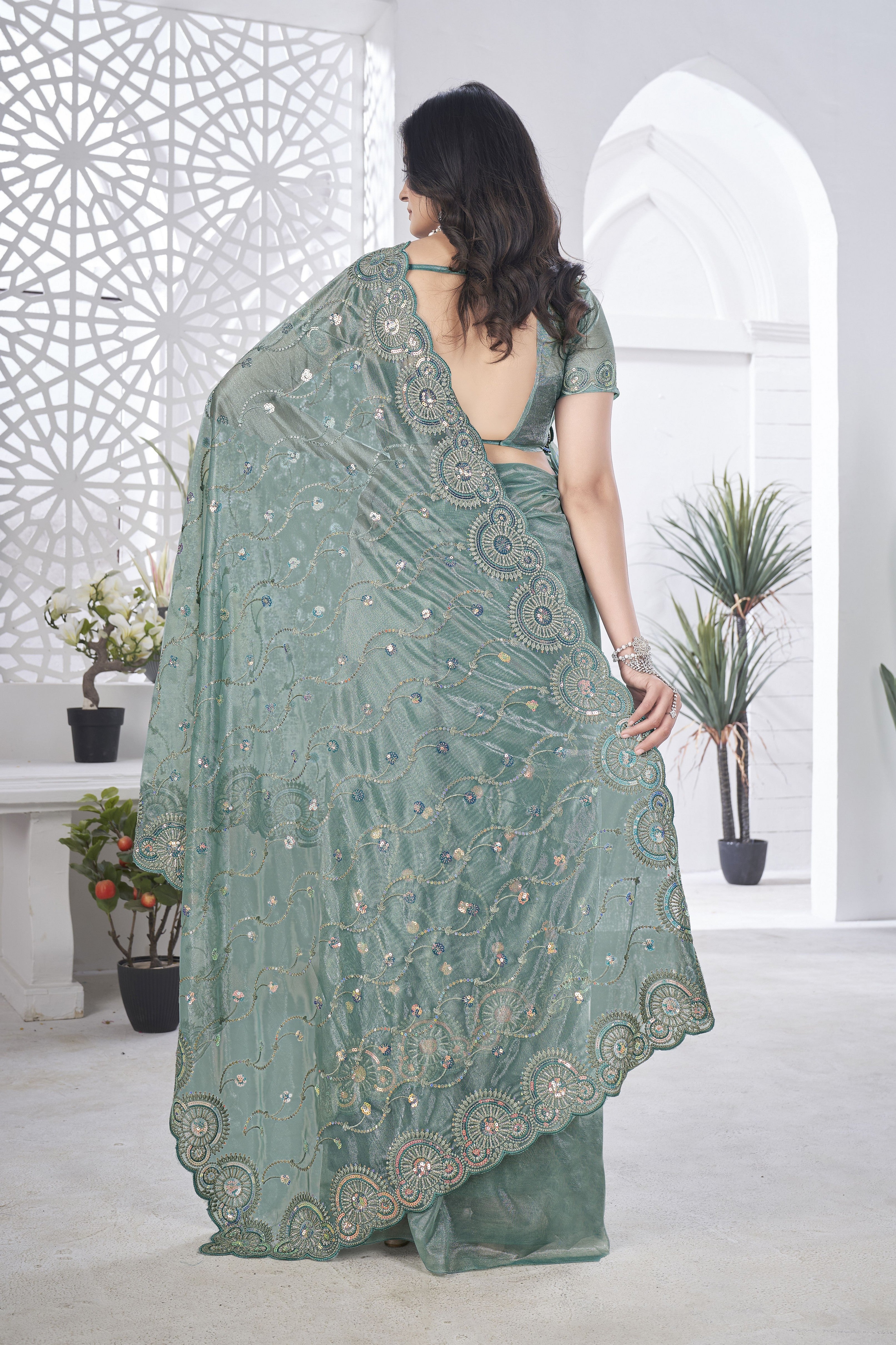 Grey Beautiful Tissue Net Sequins Work Saree