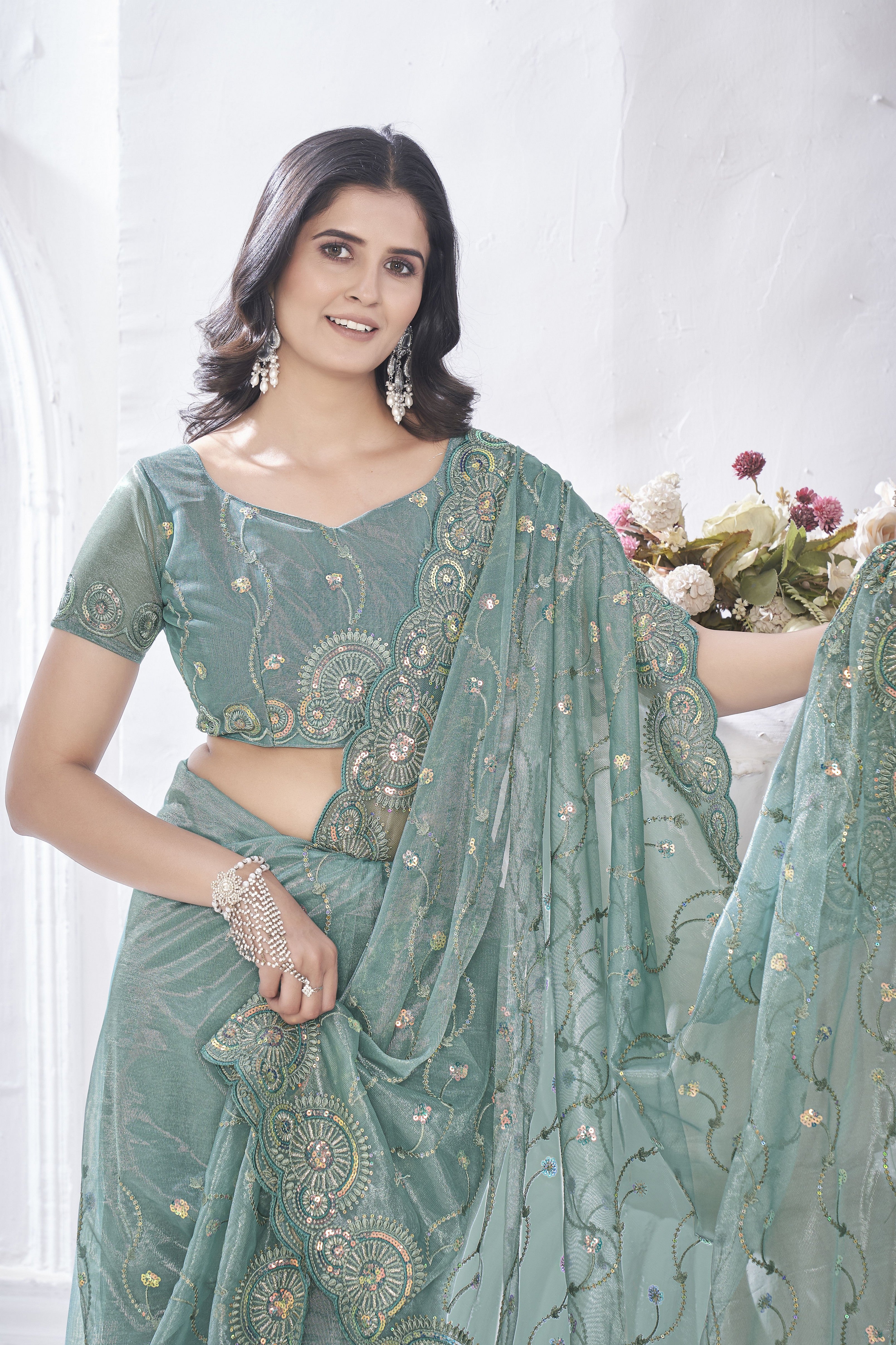 Grey Beautiful Tissue Net Sequins Work Saree