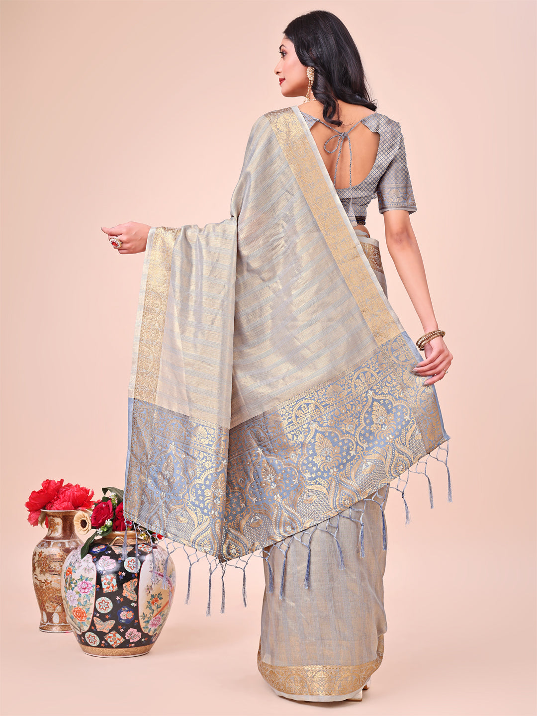 Grey Beautiful Woven Designer Organza Saree