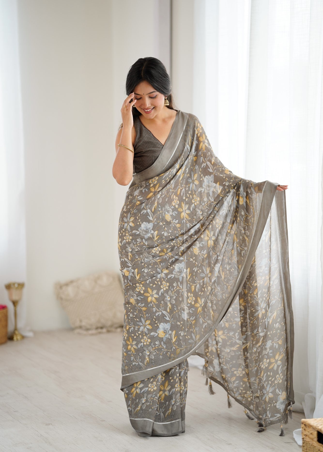 Grey Bright Moss Satin Patta Saree With Embroidery Work
