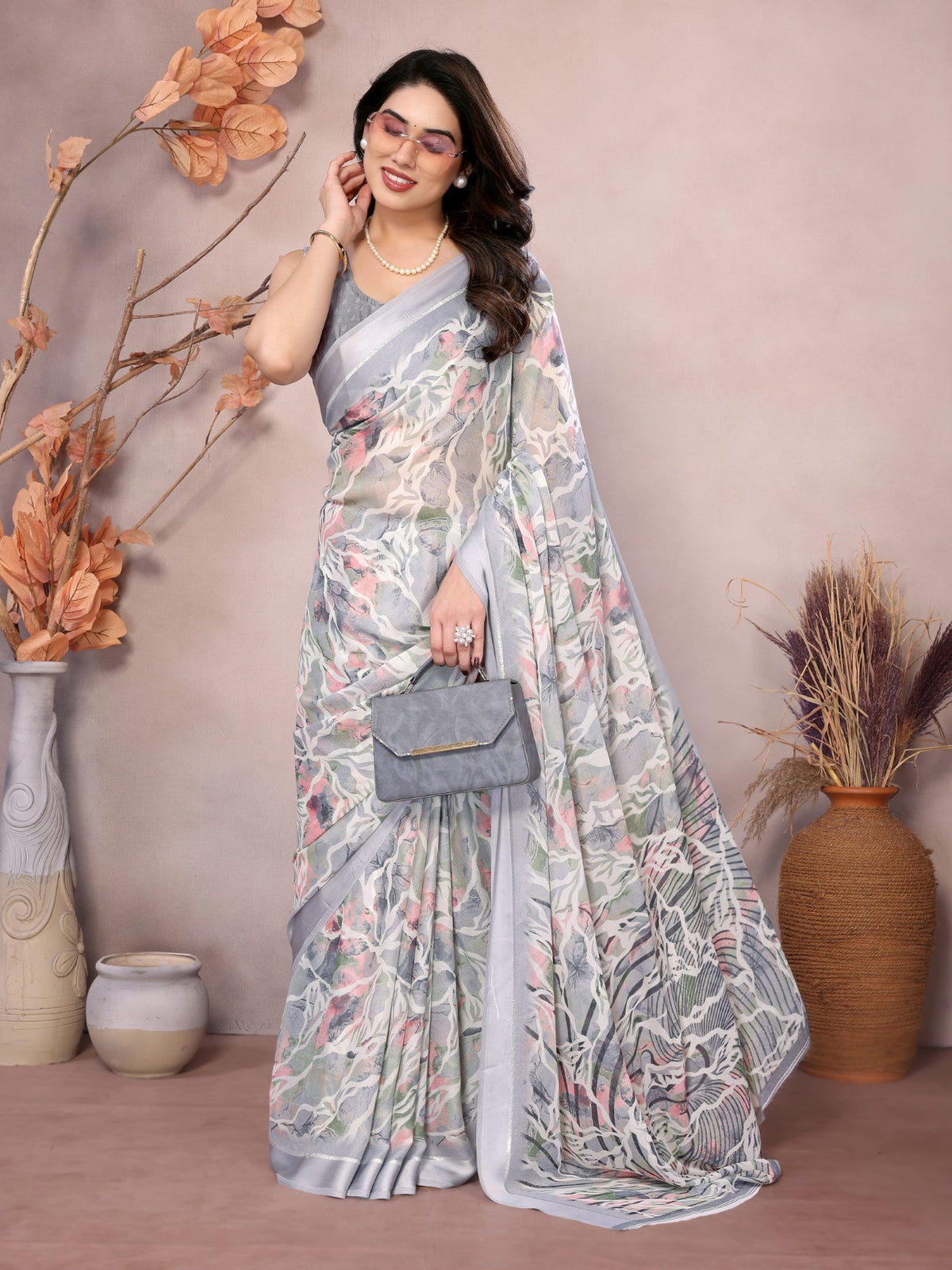 Grey Bright Moss Satin Patta Saree With Printed