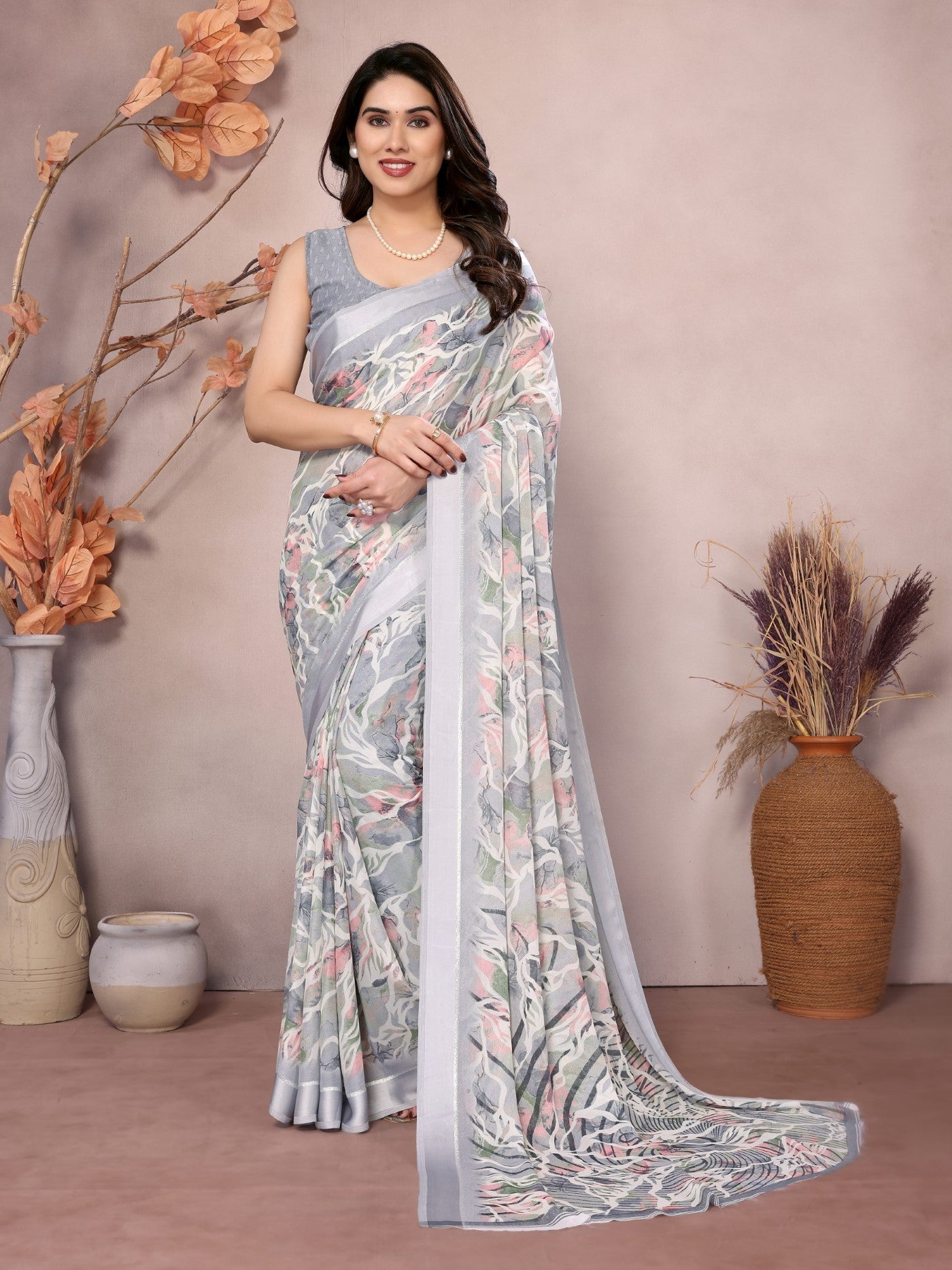 Grey Bright Moss Satin Patta Saree With Printed