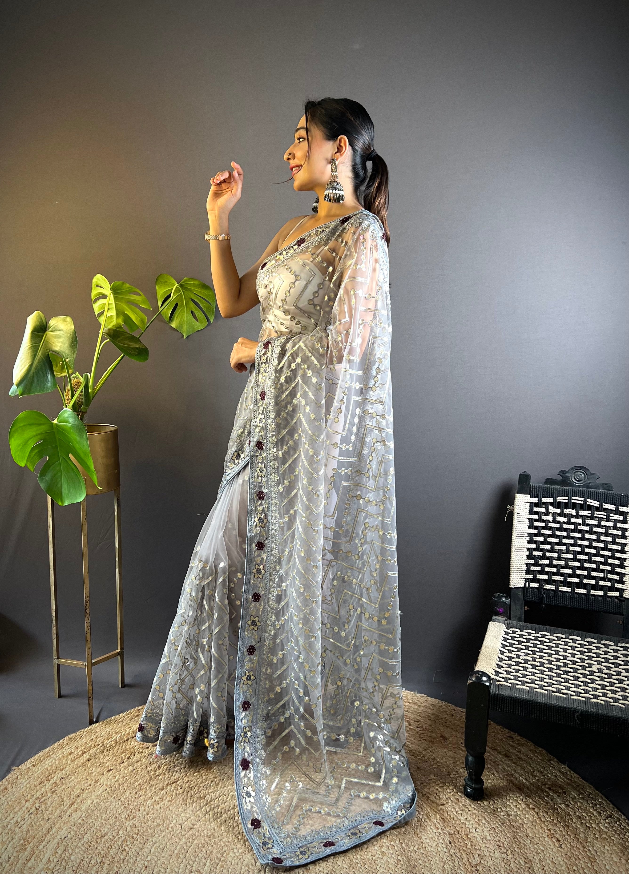 Grey Butterfly Net Fabric Embroidery Work Ceremonial Saree