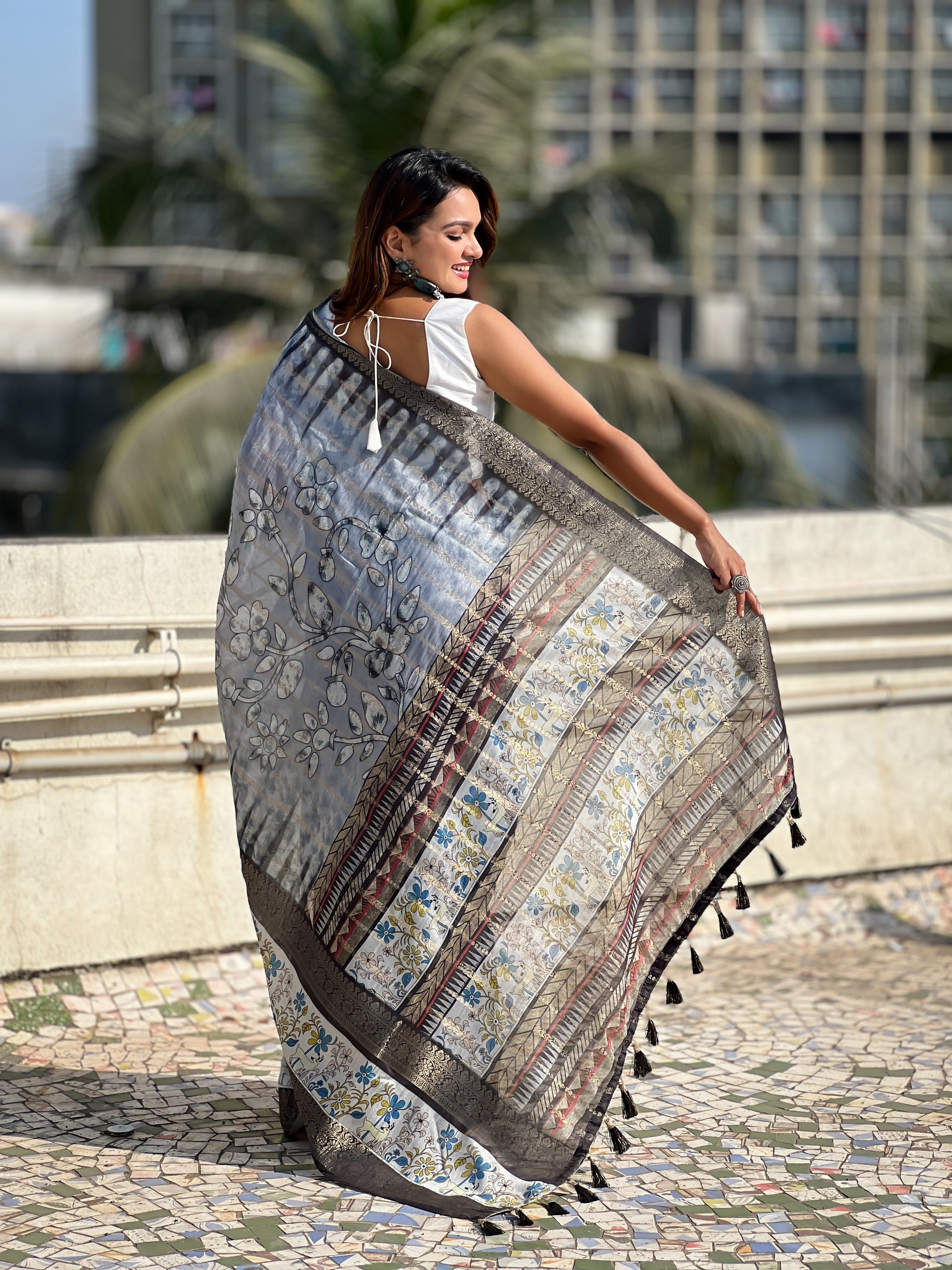 Grey Chanderi Crush Printed With Woven Jari Designer Elegant Sophisticated Saree