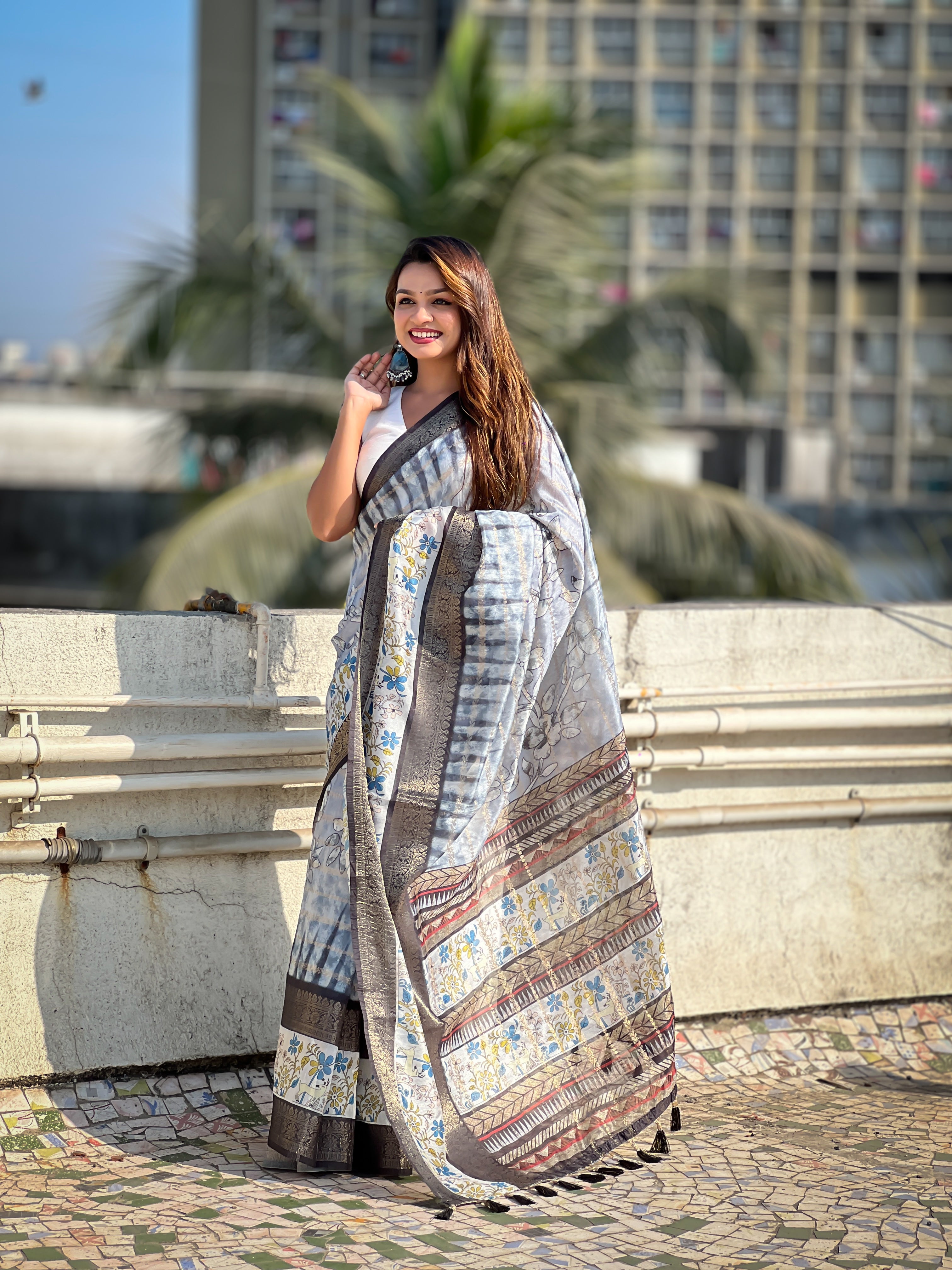 Grey Chanderi Crush Printed With Woven Jari Designer Elegant Sophisticated Saree