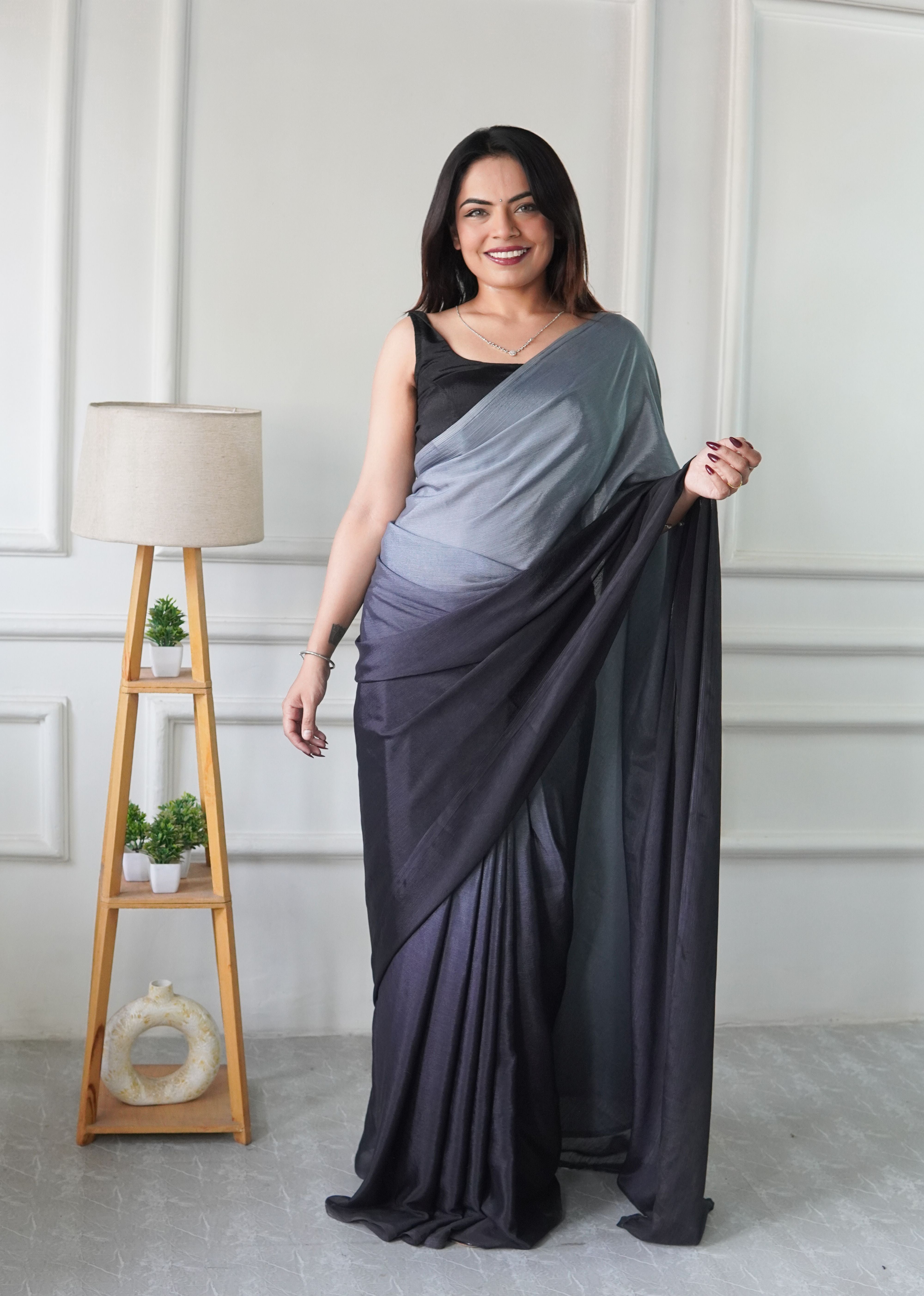 Grey Chinon Pedding Solid Designer Ready To Wear Saree