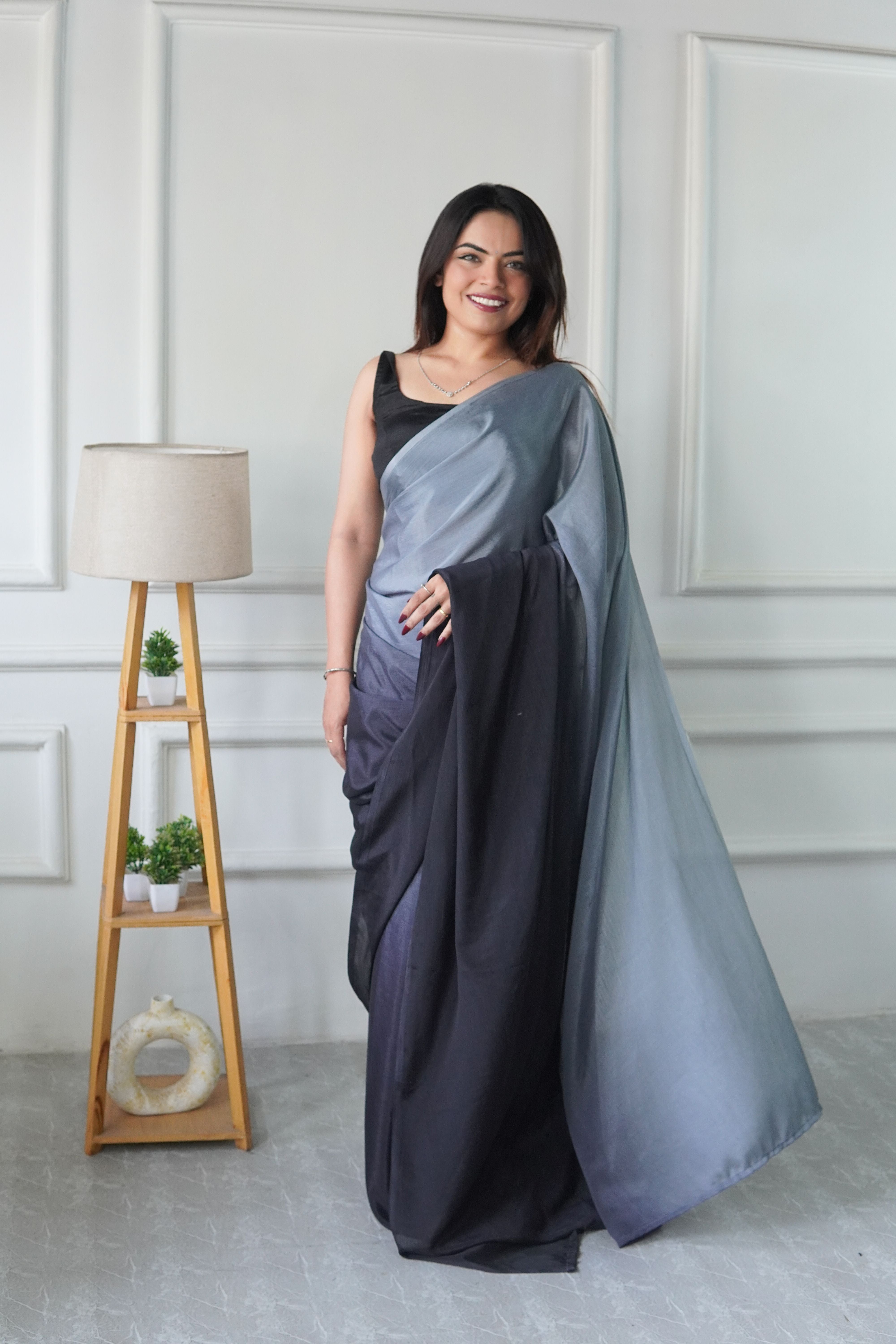 Grey Chinon Pedding Solid Designer Ready To Wear Saree