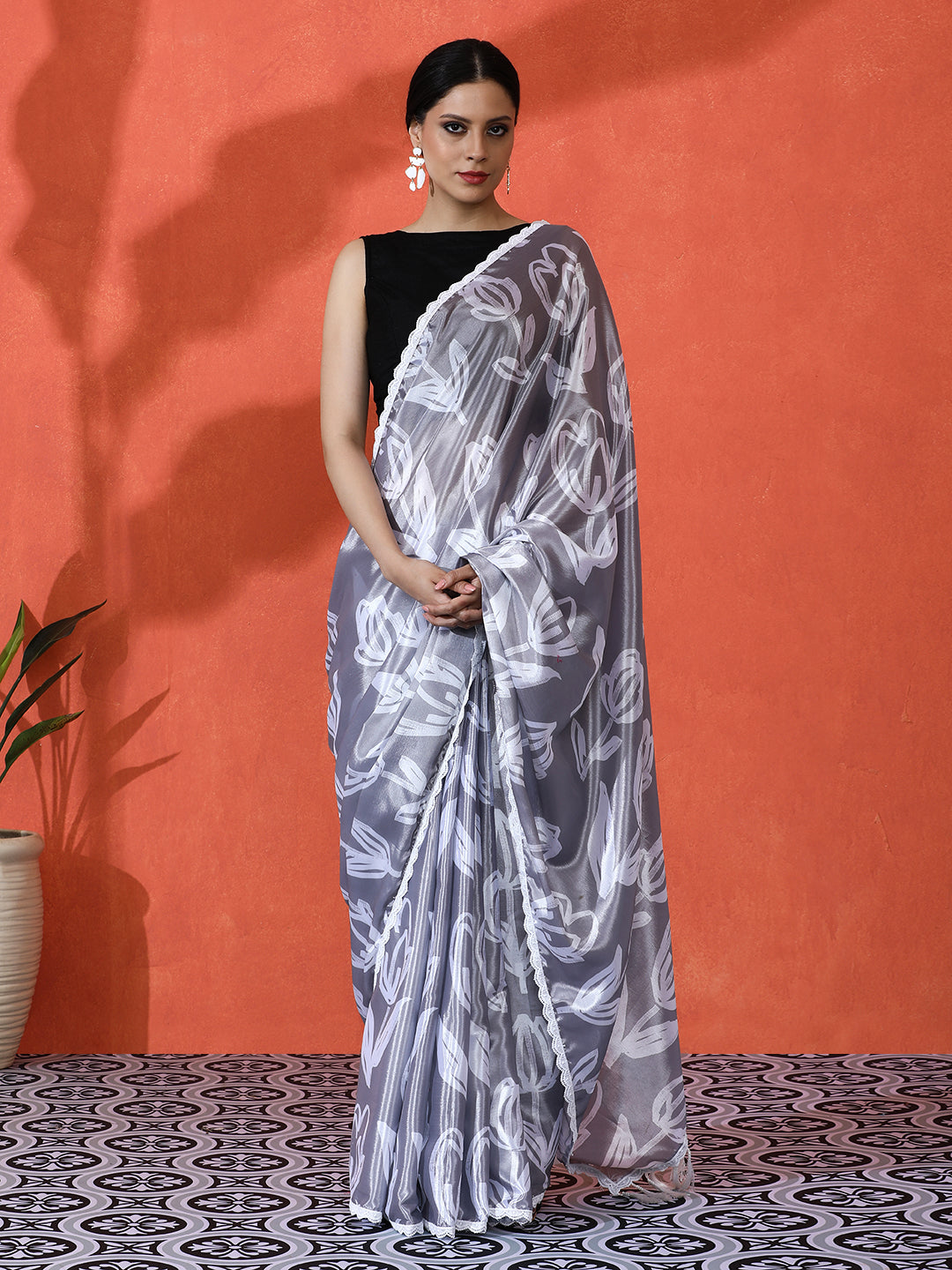 Grey Chinon Saree With Beautiful Digital Print For Ceremonial Wear