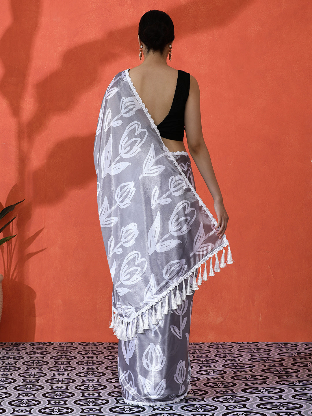 Grey Chinon Saree With Beautiful Digital Print For Ceremonial Wear