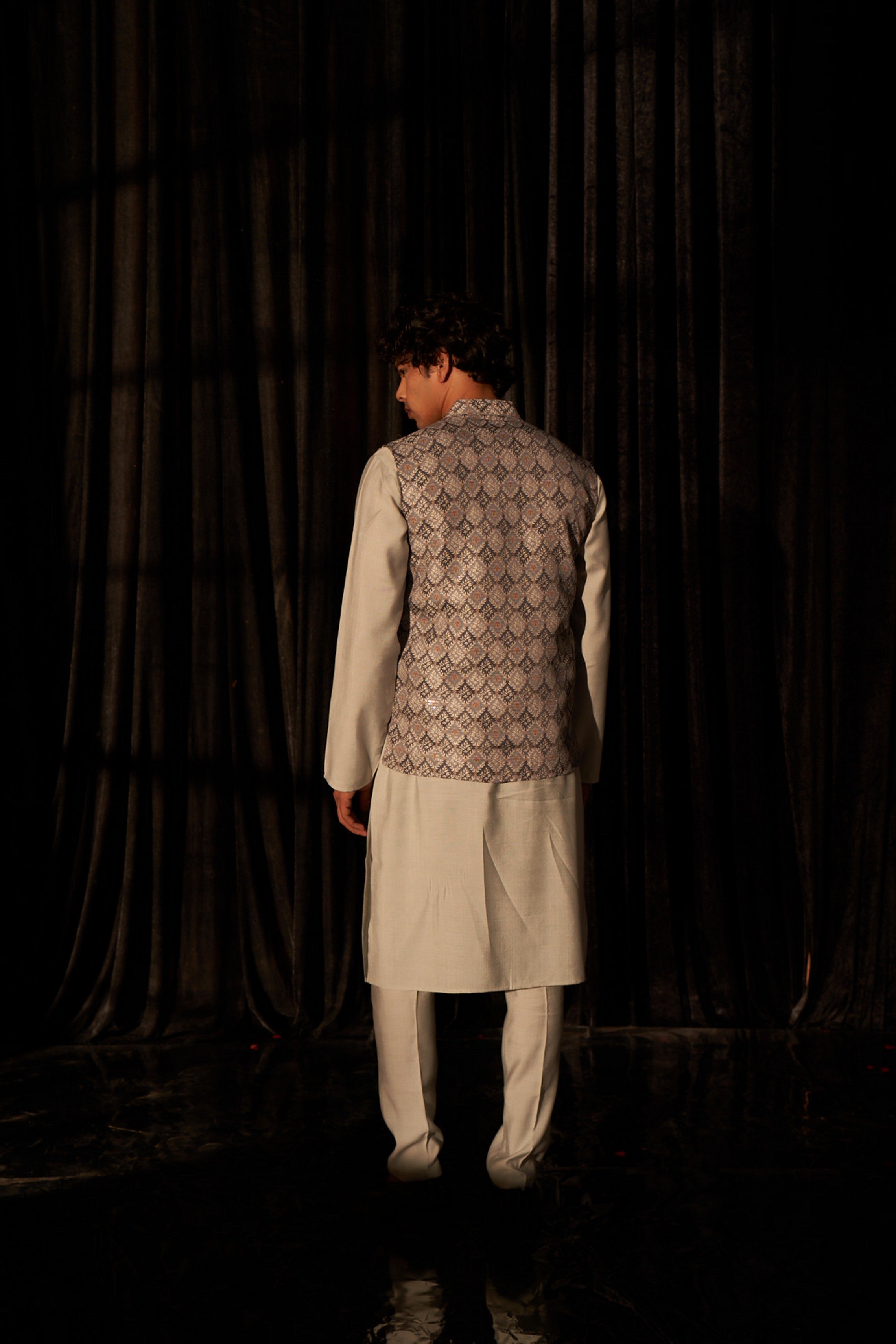 Grey Color Printed Ethnic Jacket – Subtle Yet Stylish Ceremonial Look