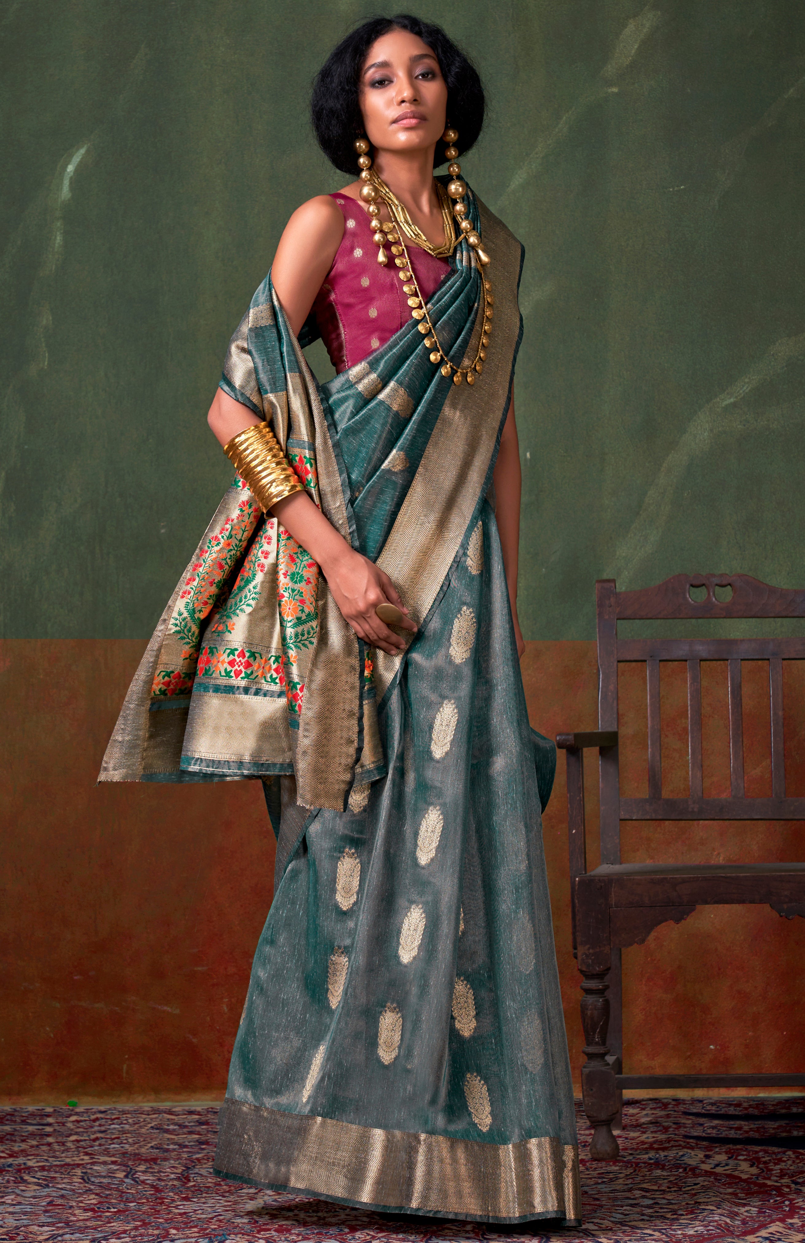 Grey Color Tissue Silk Saree With Jacquard Woven Work