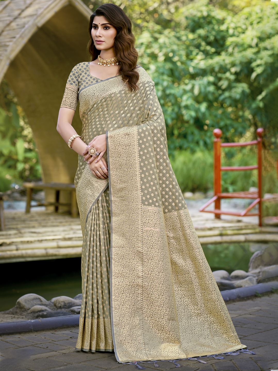 Grey Color Woven Soft Silk Saree