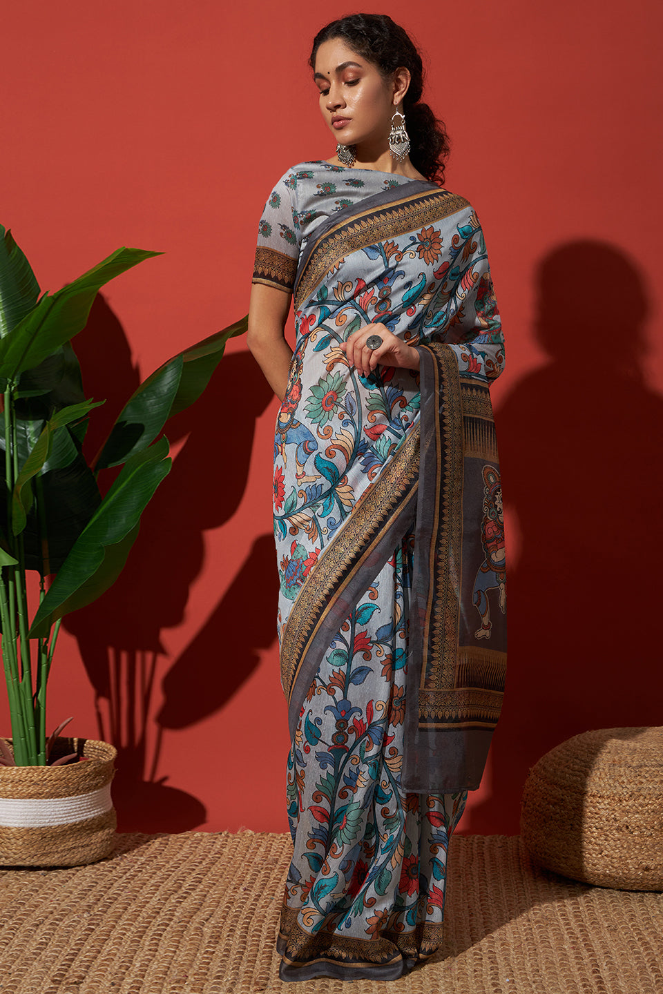 Grey Cotton Silk Designer Digital Printed Ethnic Ceremonial Saree