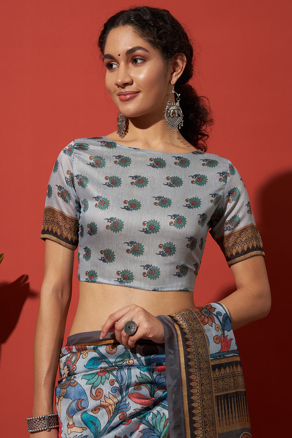 Grey Cotton Silk Designer Digital Printed Ethnic Ceremonial Saree