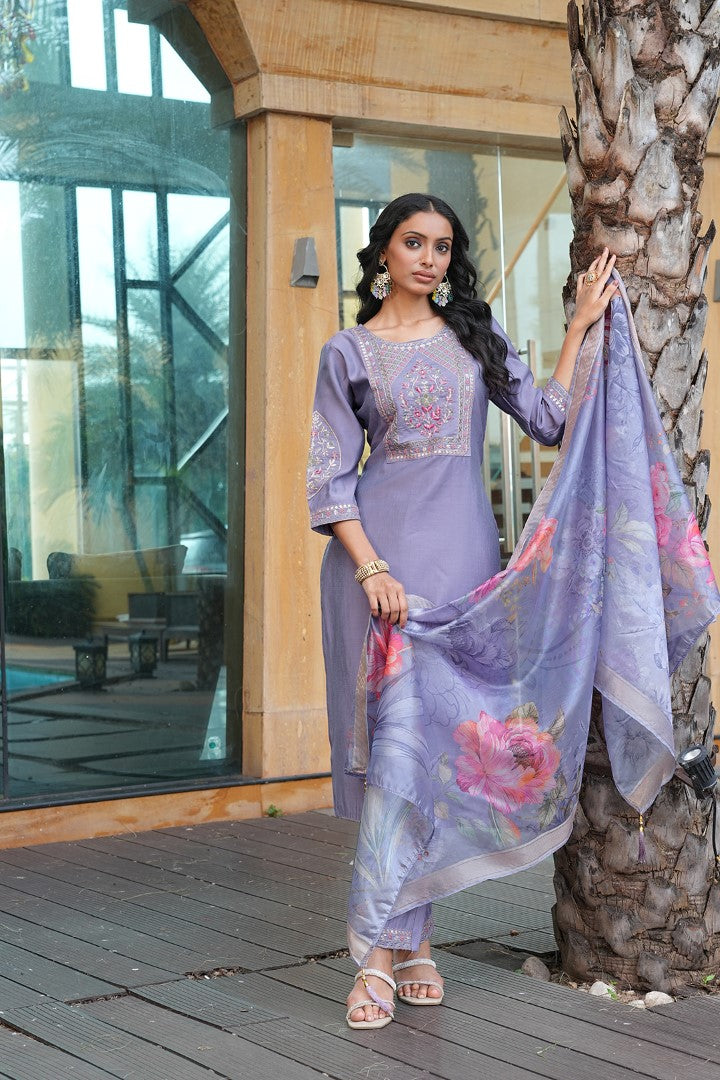 Grey Cotton Silk Designer Suit Set With Handcrafted Embroidery