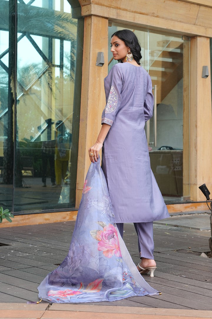 Grey Cotton Silk Designer Suit Set With Handcrafted Embroidery