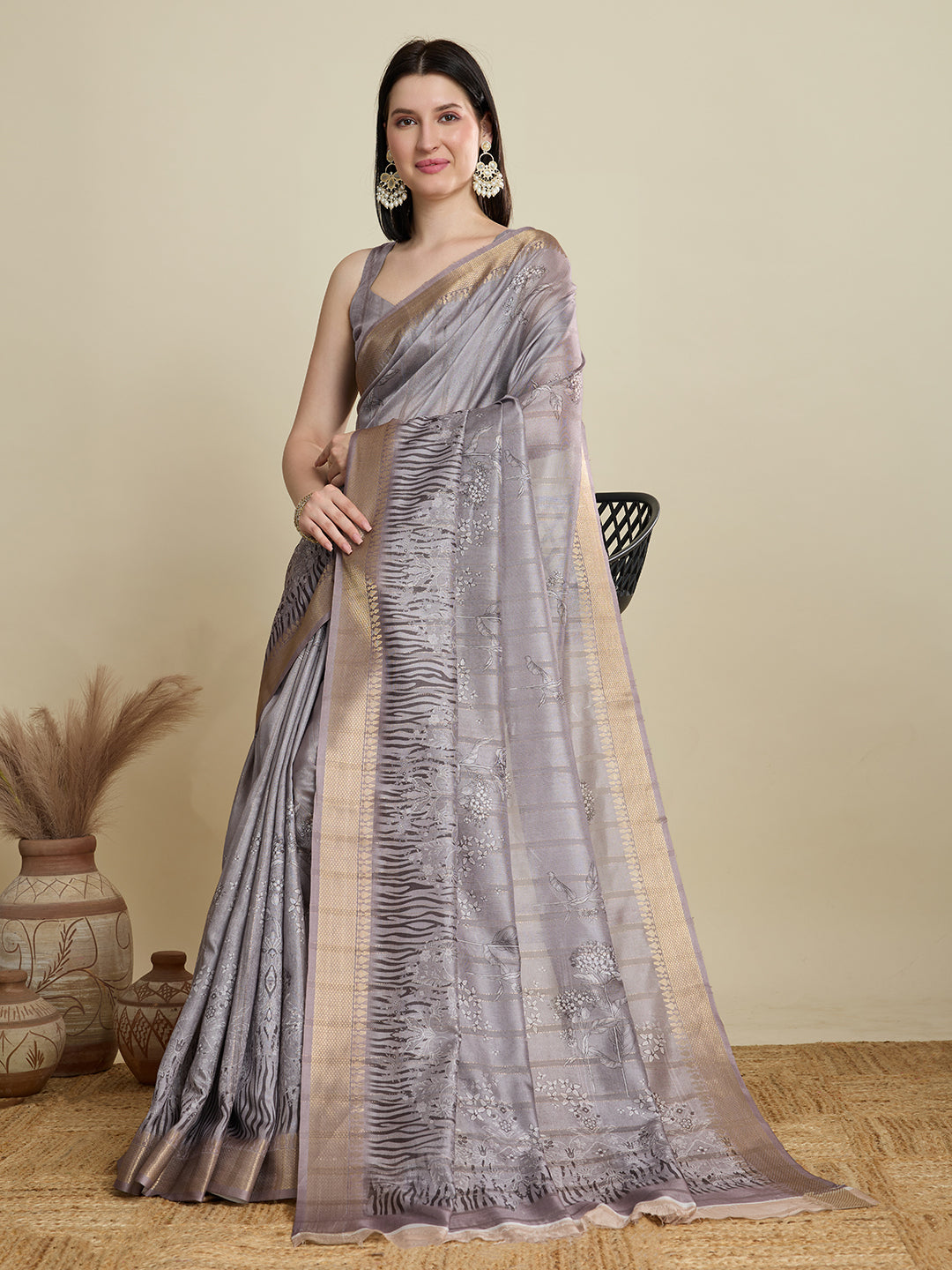 Grey Cotton Woven Border Designer And Printed Ceremonial Saree