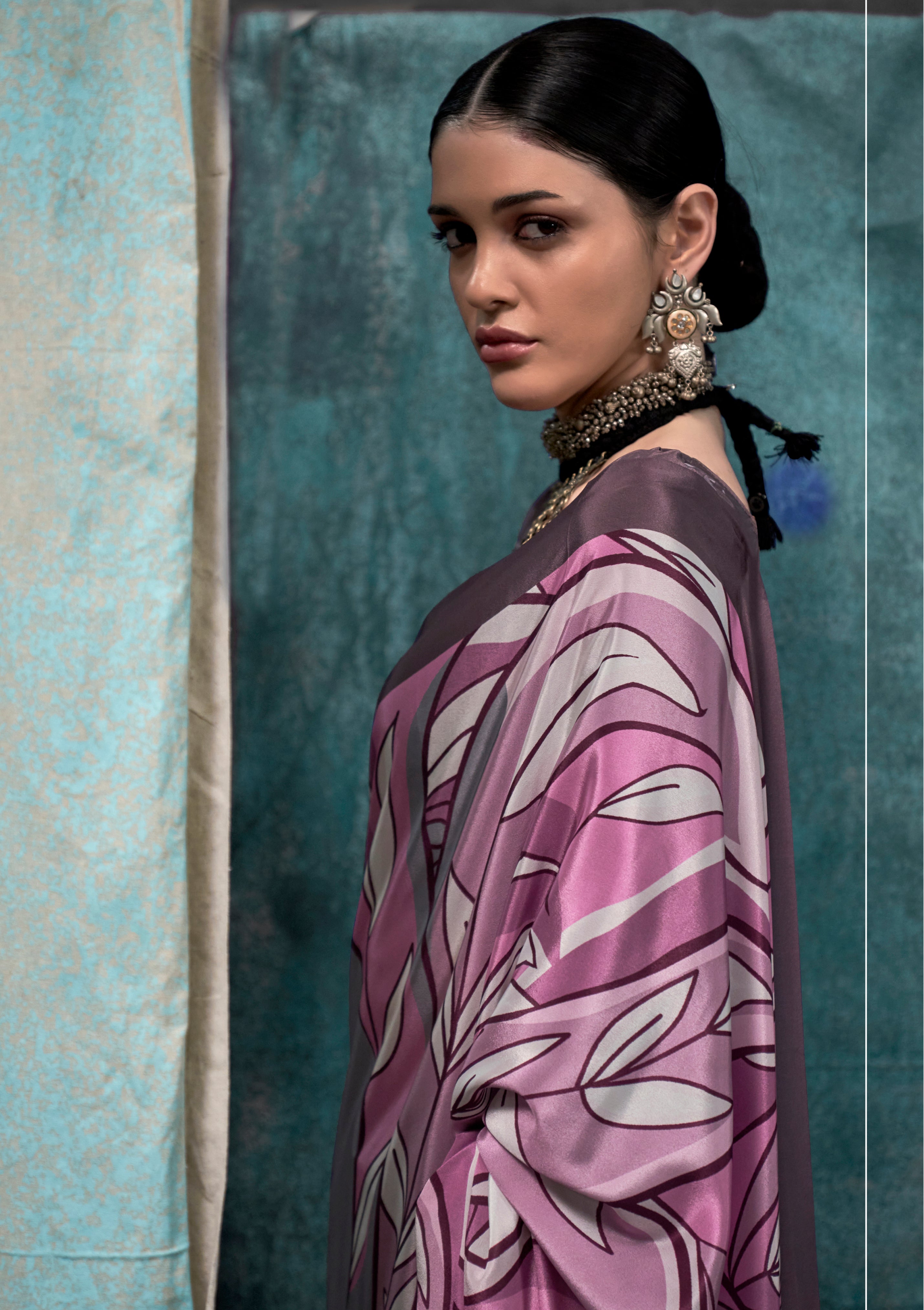 Grey Crape Saree With Digital Print