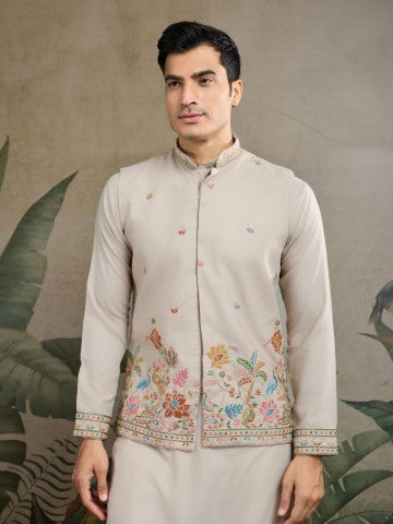 Grey Embroidered Kurta with Jacket for Ceremonial Look