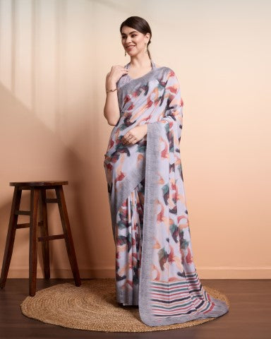 Grey Faux Georgette Saree With Designer Print Style