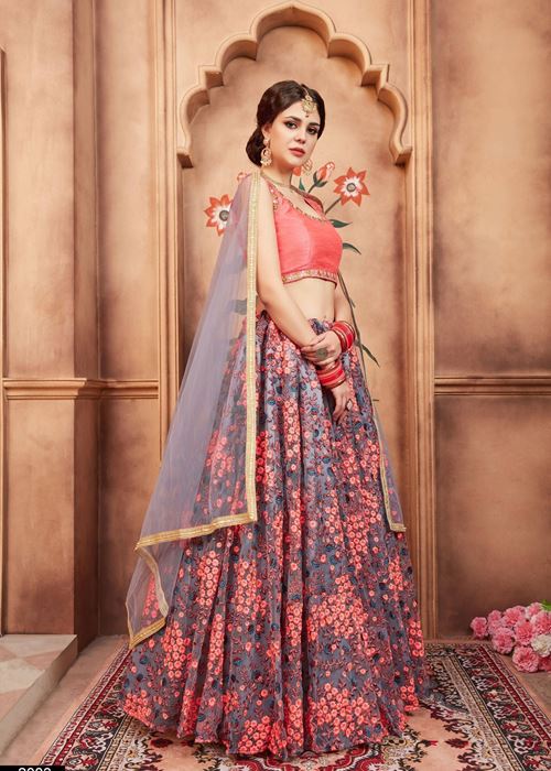 Grey Floral Embroidered Net Bridal Lehenga Choli