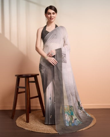Grey Georgette Designer Printed Graceful Ethnic Saree