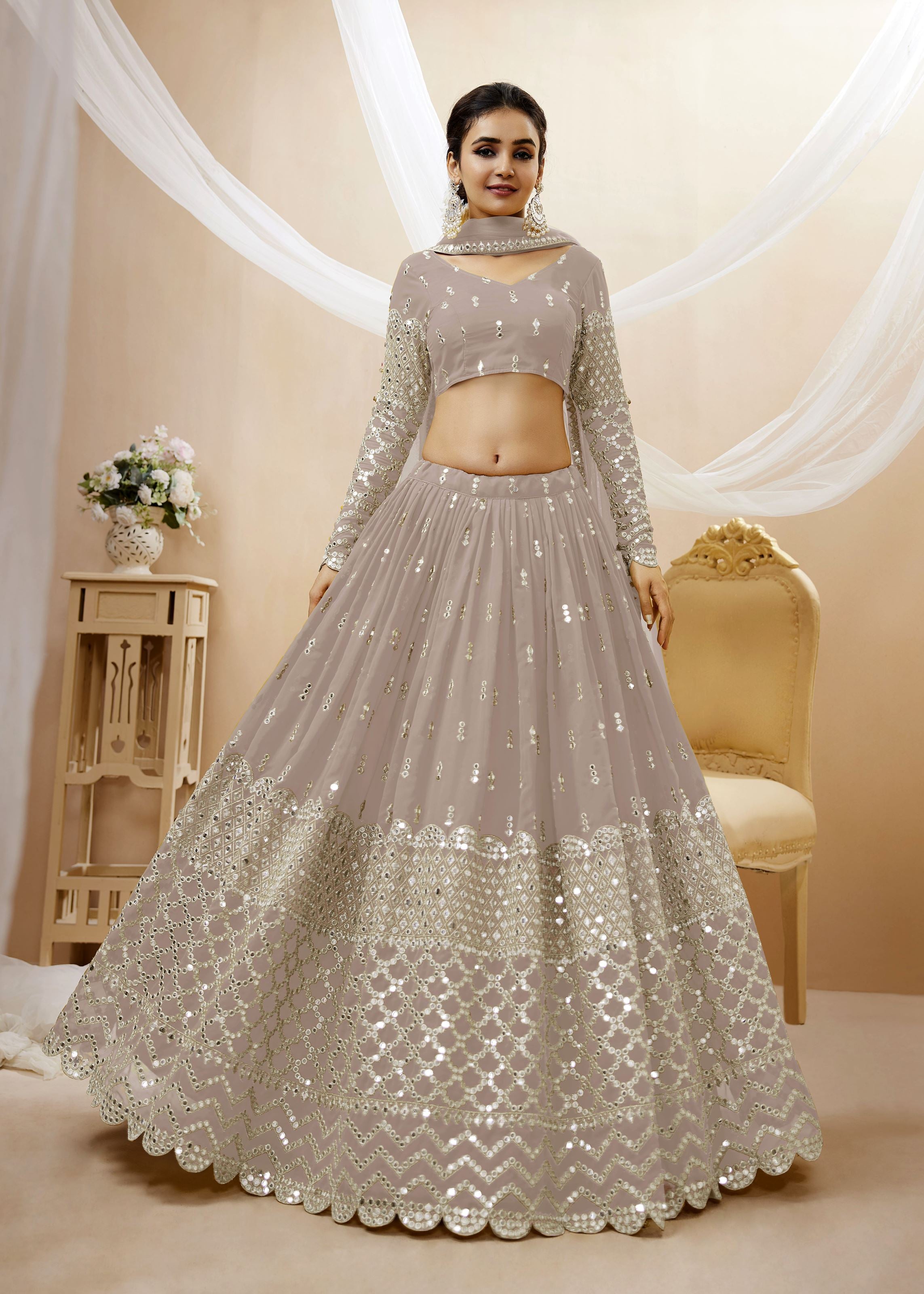 Grey Georgette Lehenga Choli With Sequins Zari Embroidered Work