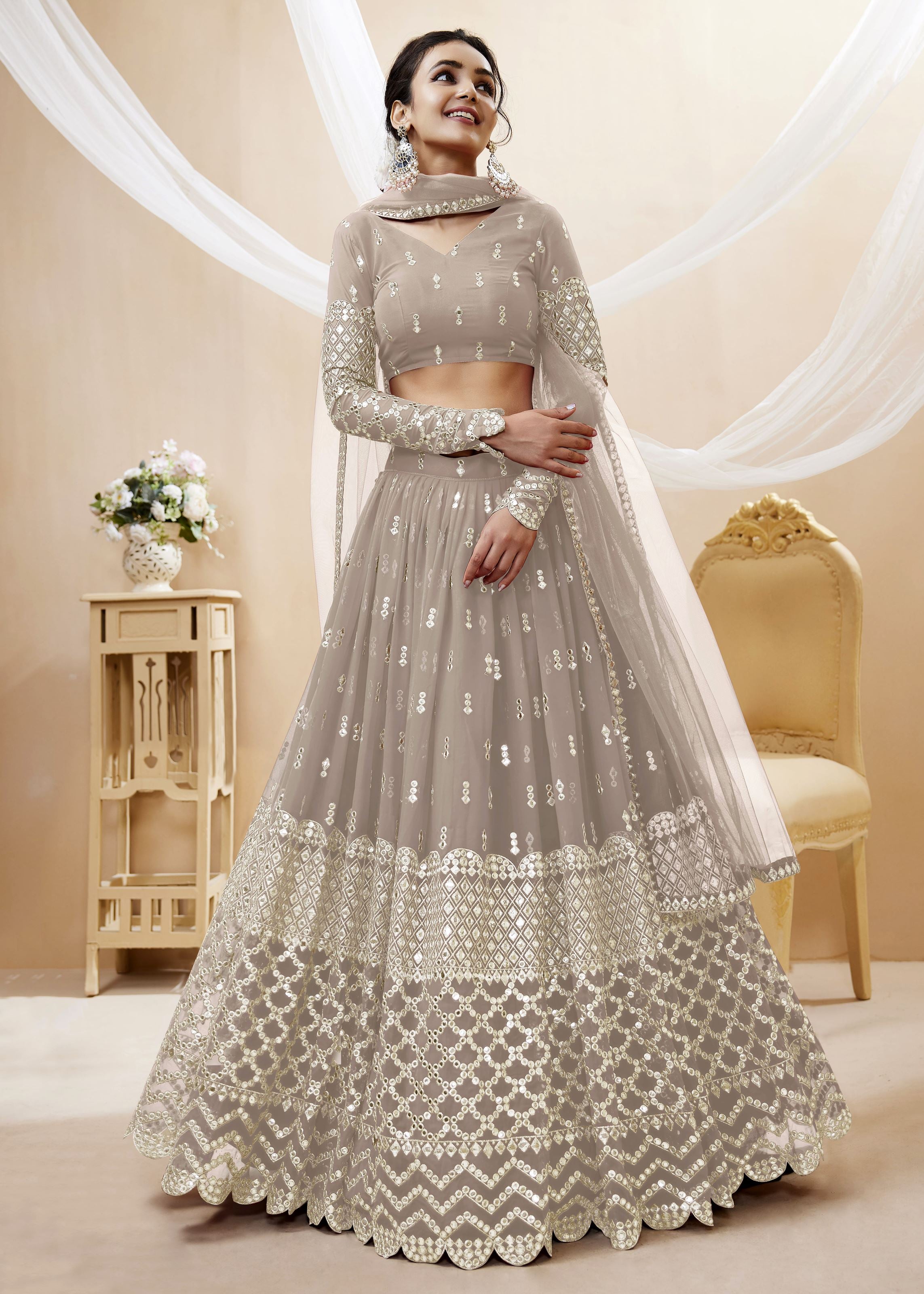 Grey Georgette Lehenga Choli With Sequins Zari Embroidered Work