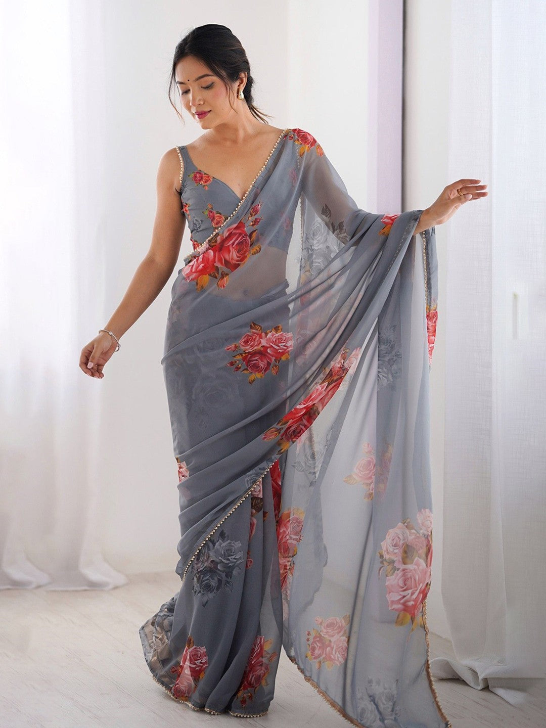 Grey Georgette Saree With Digital Print And Moti Lace
