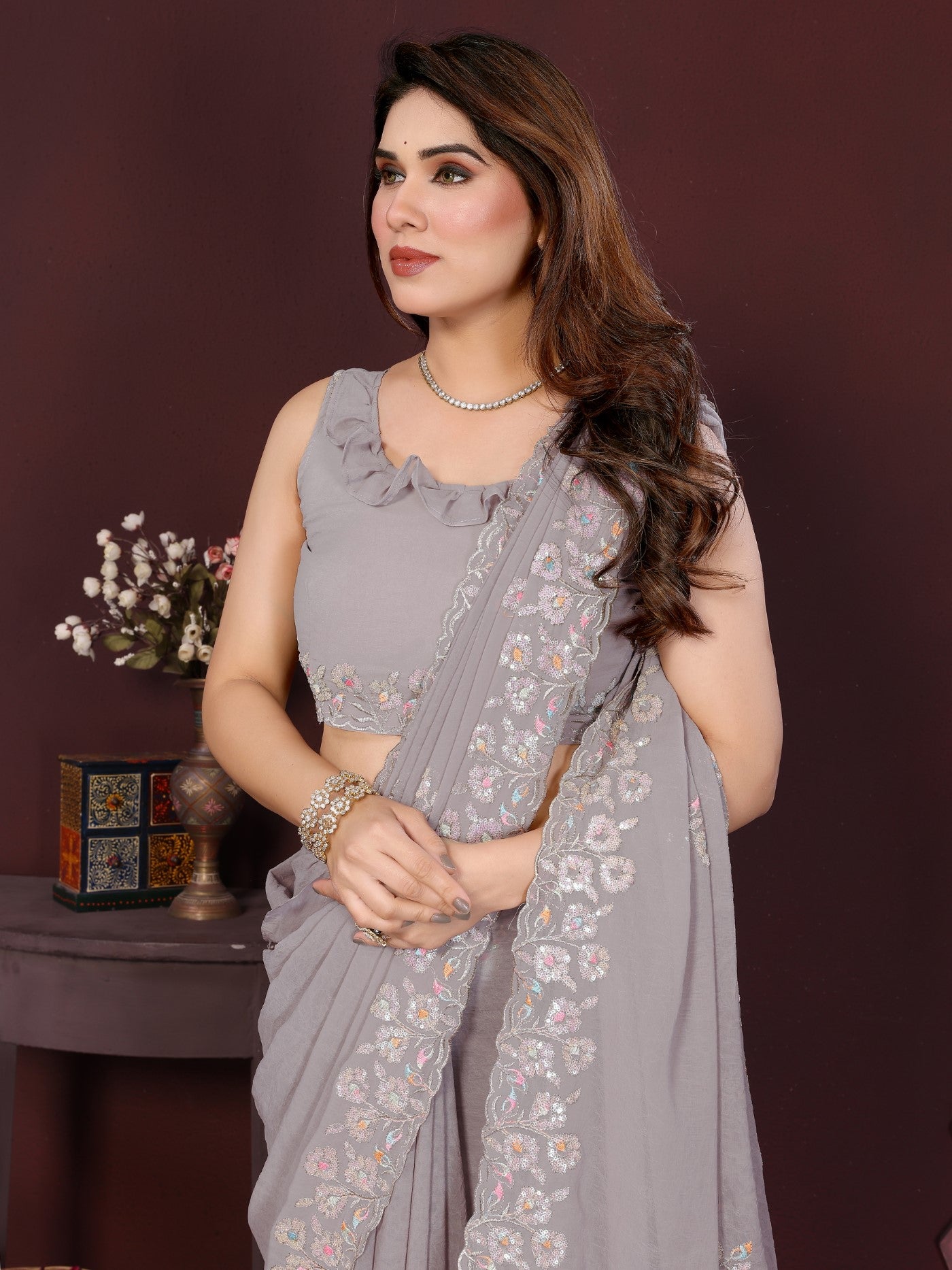 Grey Georgette Saree With Embroidery Work And Designer Blouse