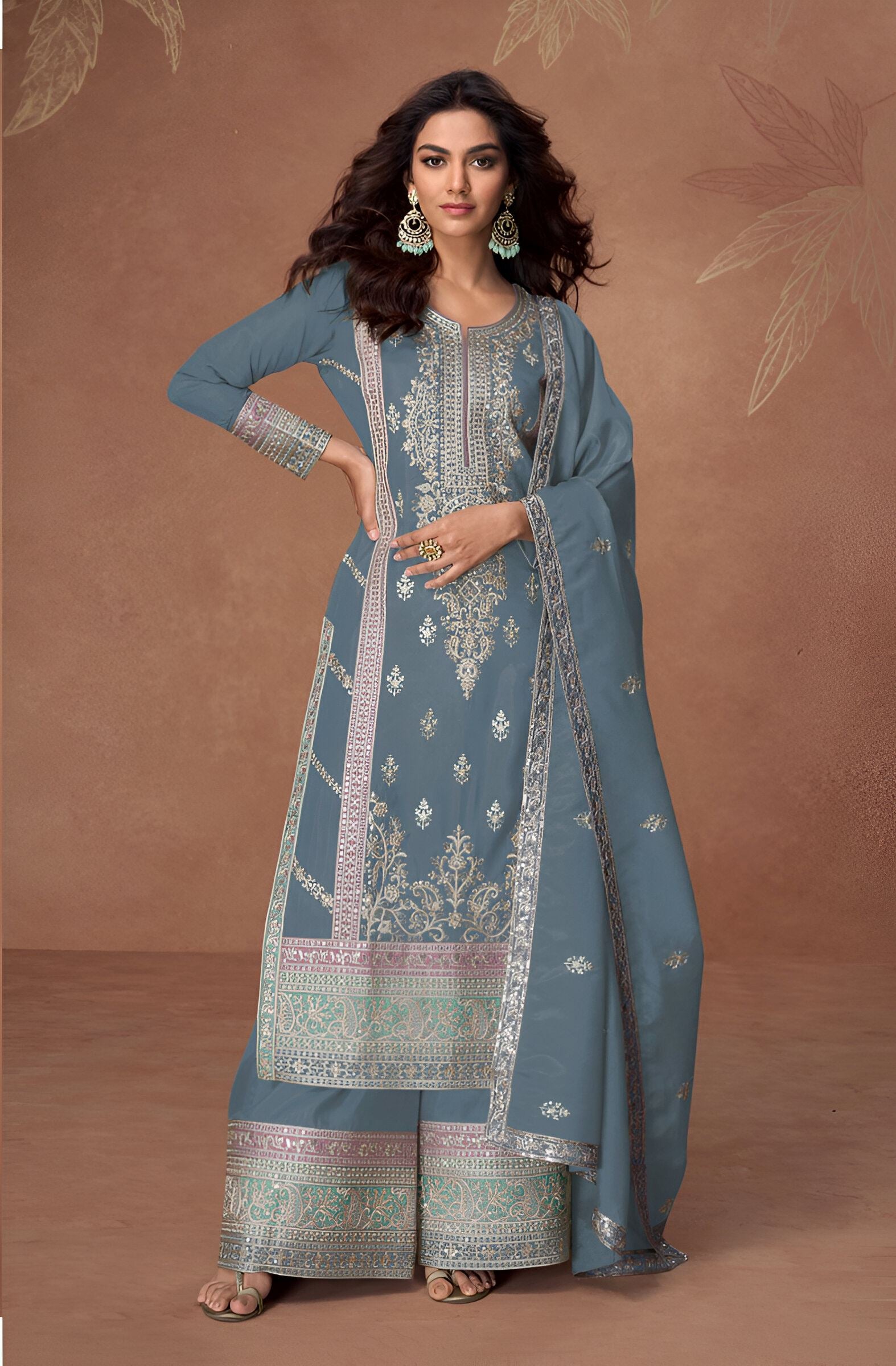 Grey Heavy Designer Suit With Heavy Embroidery Work